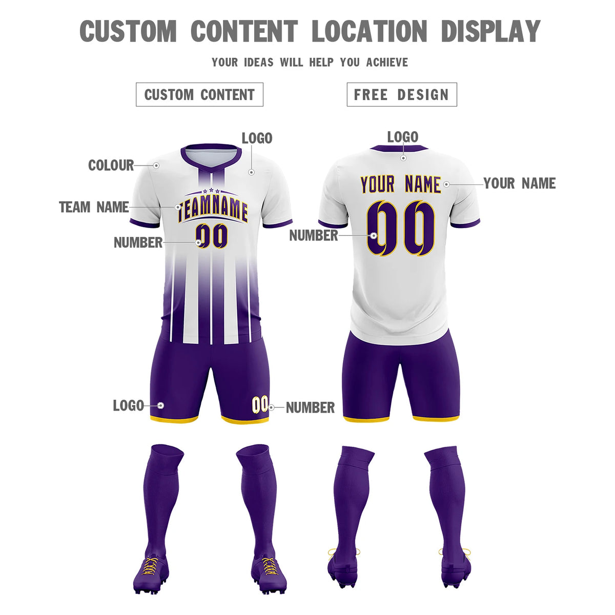 Custom White Purple Vertical Training Uniform Soccer Sets Jersey