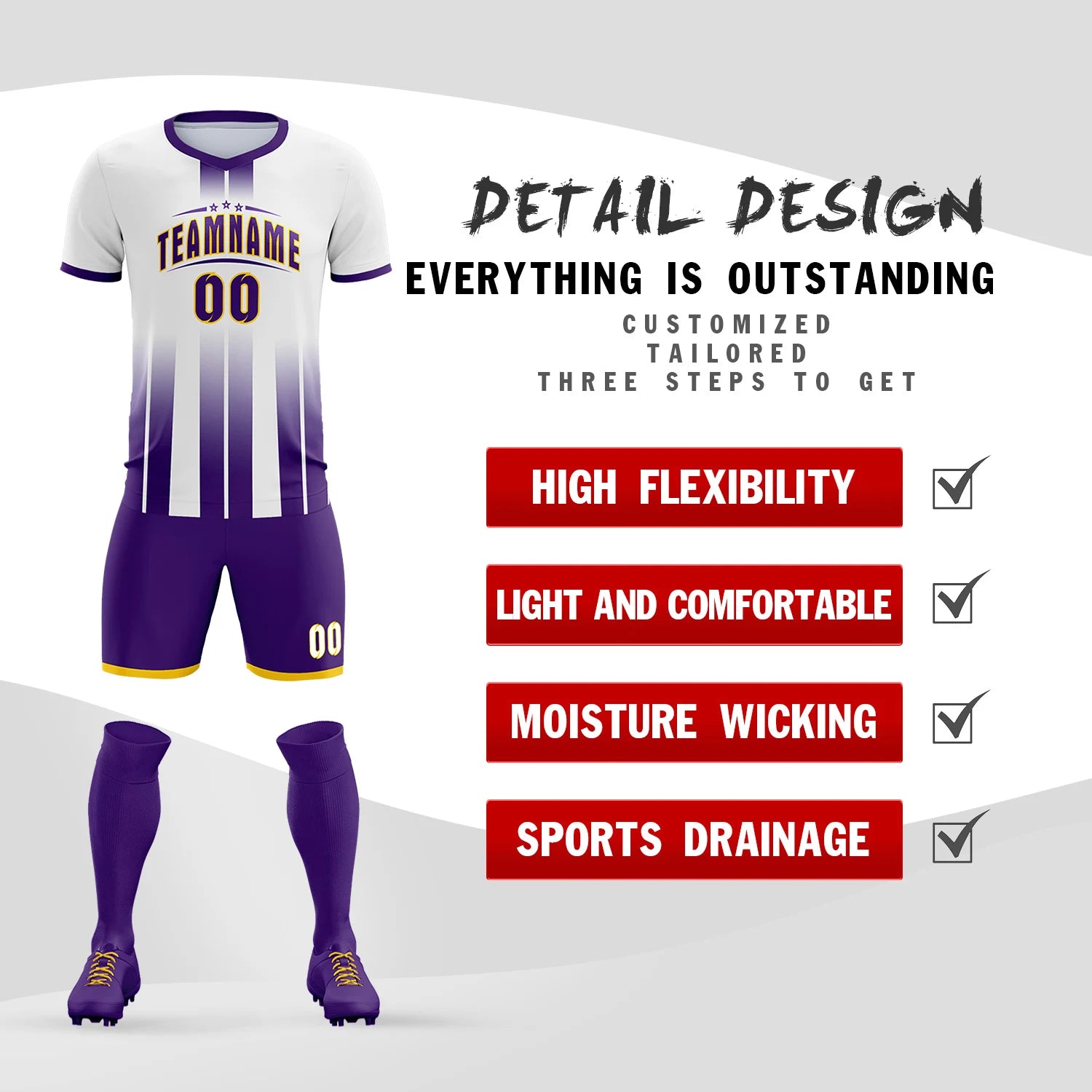 Custom White Purple Vertical Training Uniform Soccer Sets Jersey
