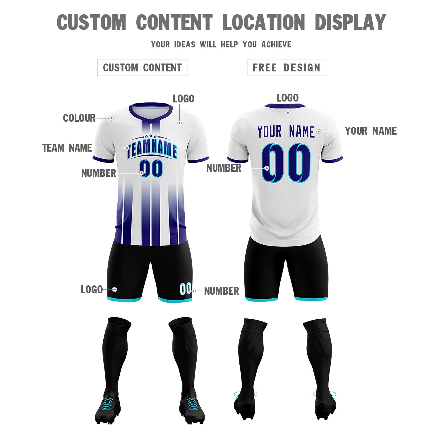 Custom White Purple Vertical Training Uniform Soccer Sets Jersey