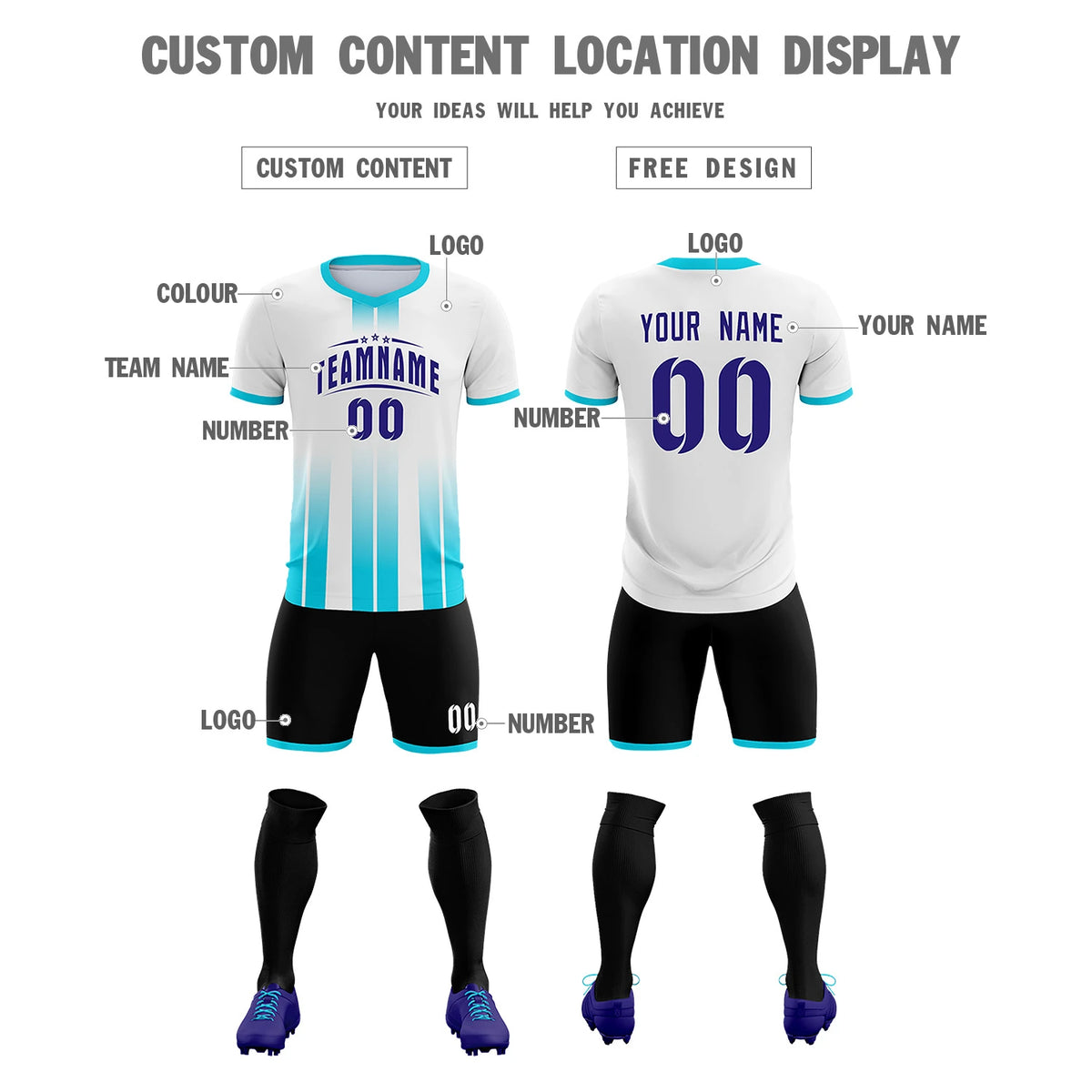 Custom White Sky Blue Vertical Training Uniform Soccer Sets Jersey