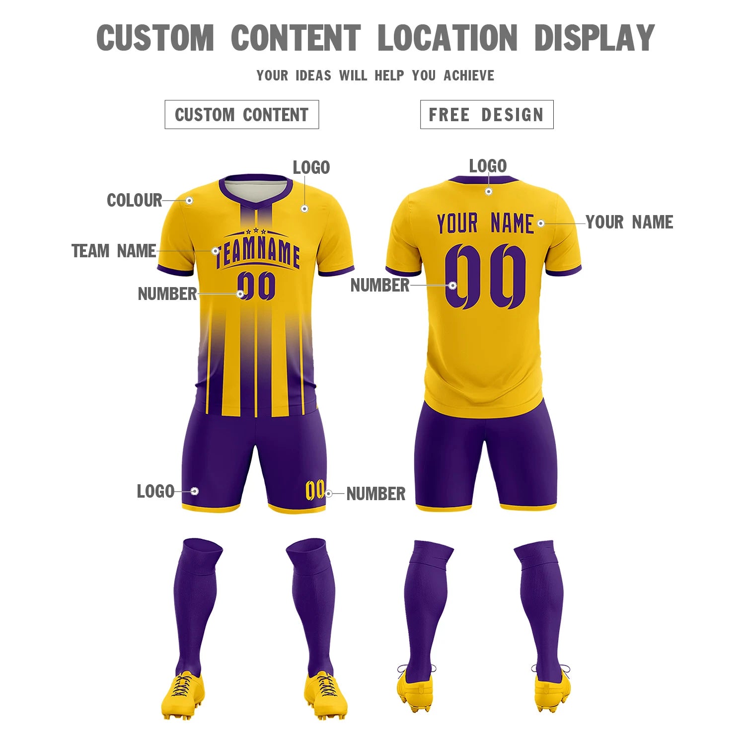 Custom Gold01 Purple Vertical Training Uniform Soccer Sets Jersey