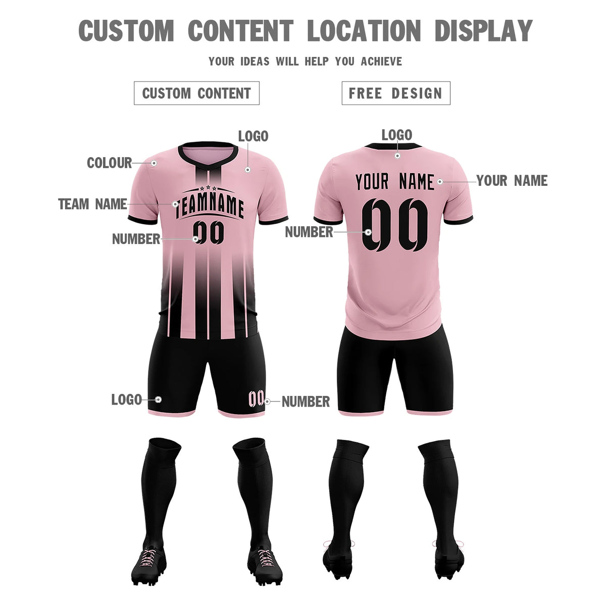 Custom Light Pink Black Vertical Training Uniform Soccer Sets Jersey