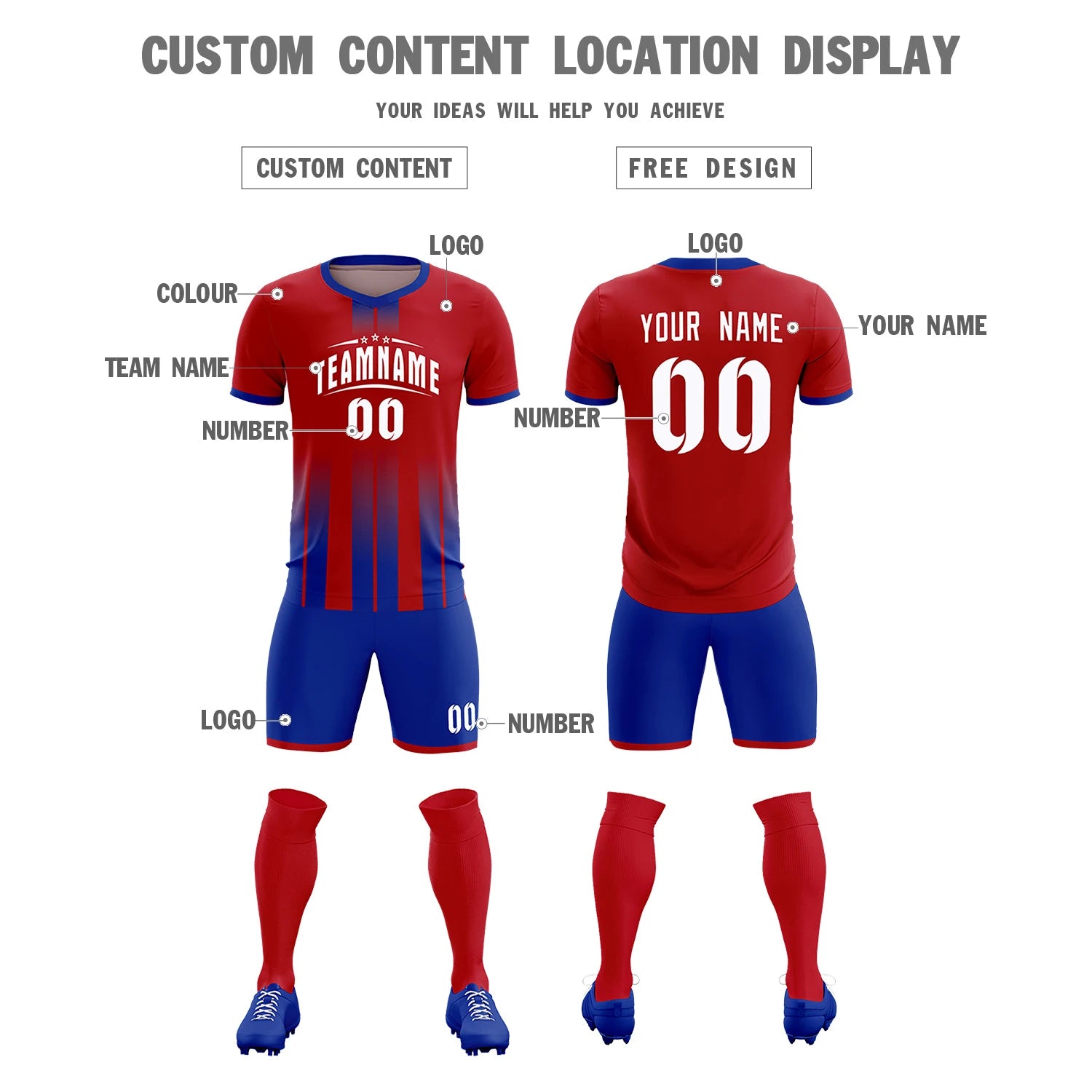 Custom Red Royal Blue Vertical Training Uniform Soccer Sets Jersey