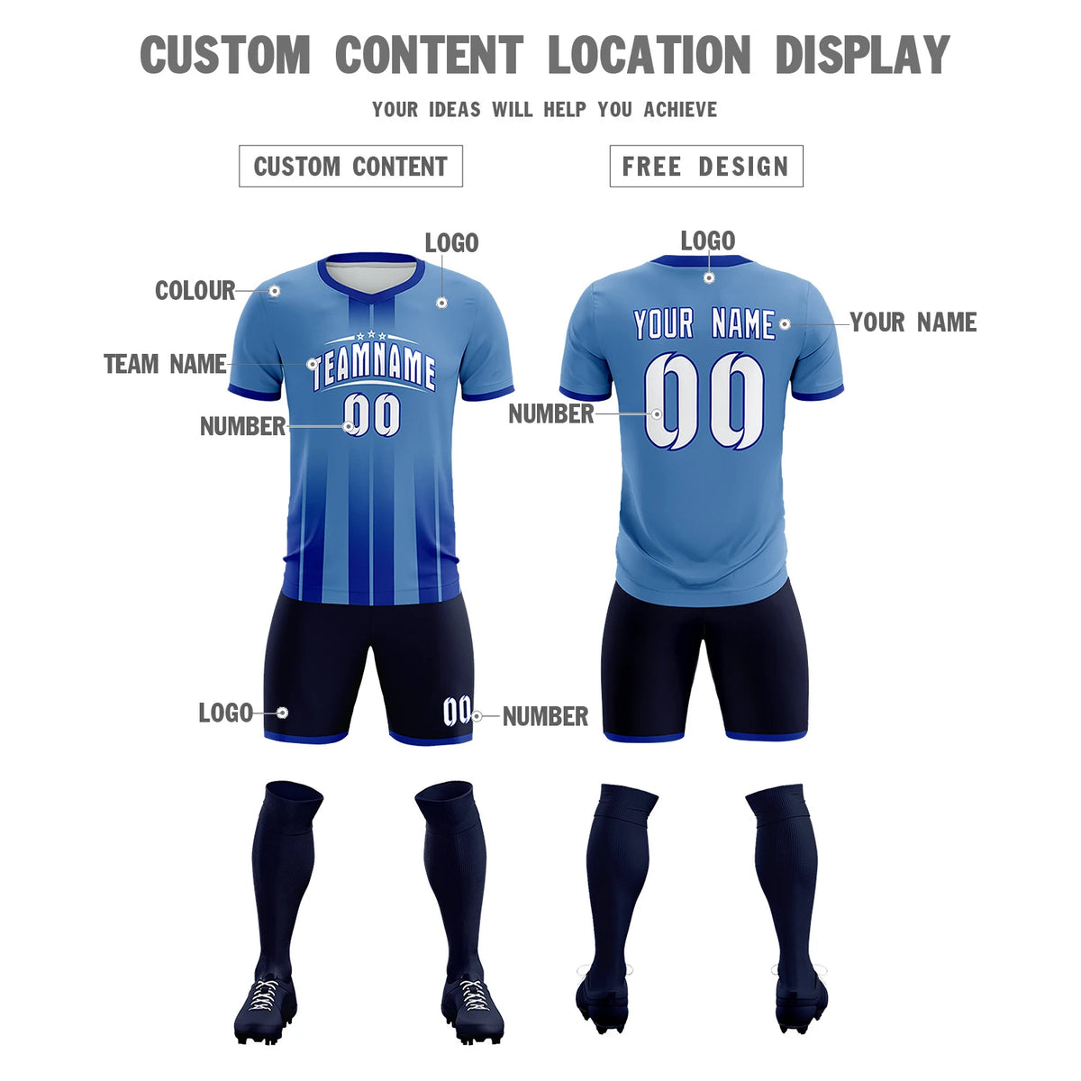 Custom Light Blue Royal Blue Vertical Training Uniform Soccer Sets Jersey
