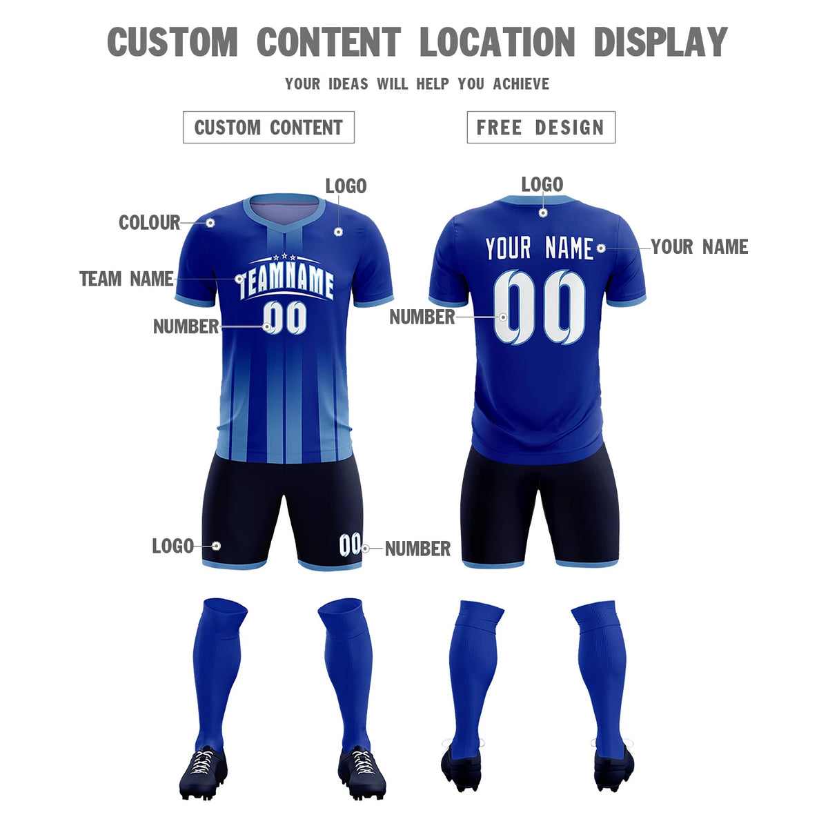 Custom Royal Blue Light Blue Vertical Training Uniform Soccer Sets Jersey