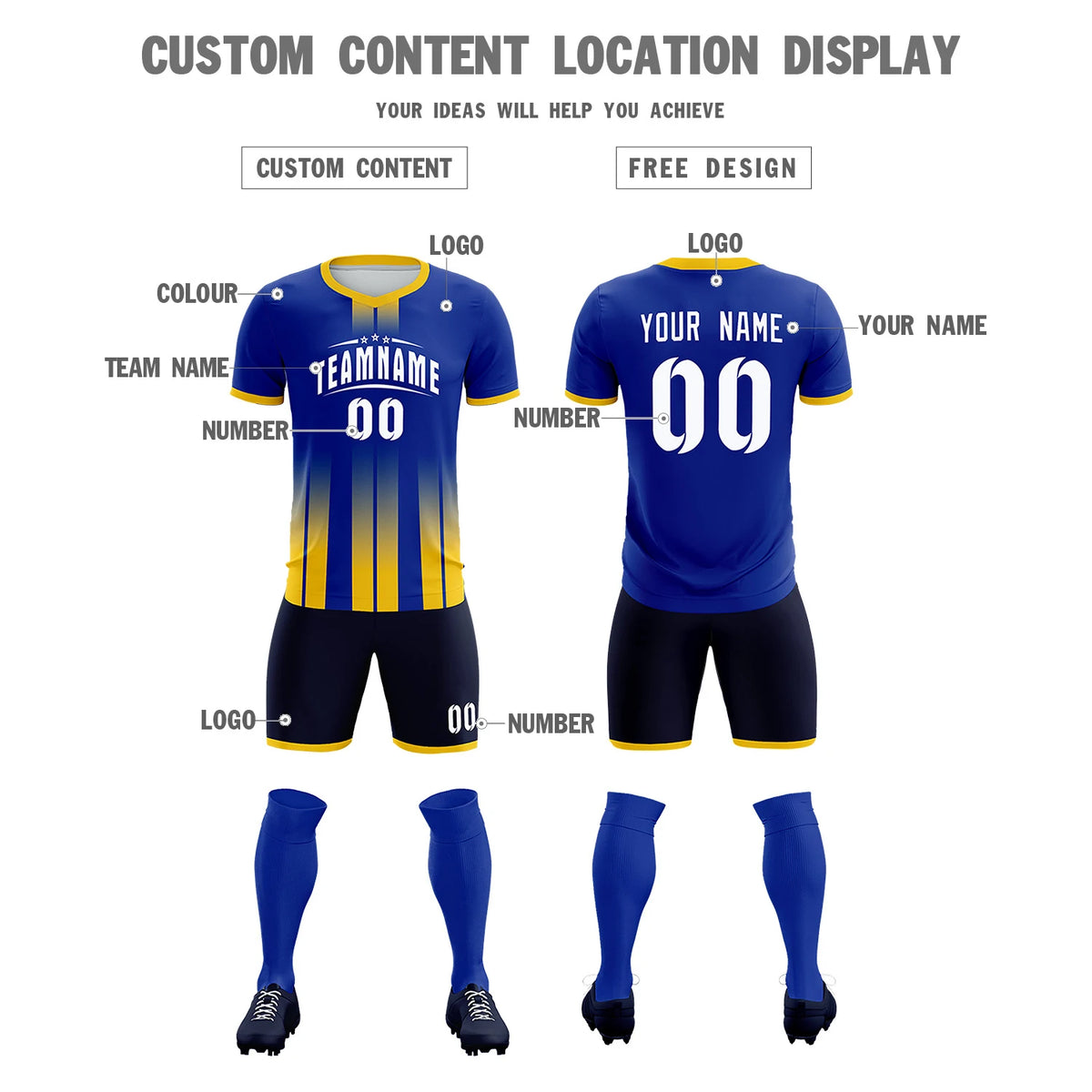 Custom Royal Blue Gold01 Vertical Training Uniform Soccer Sets Jersey