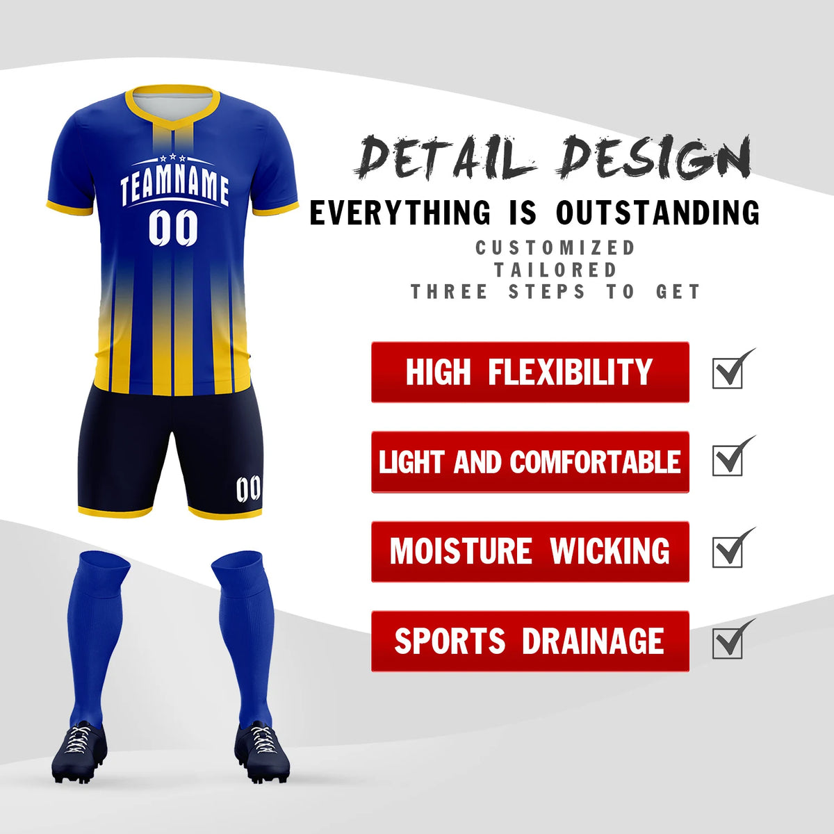 Custom Royal Blue Gold01 Vertical Training Uniform Soccer Sets Jersey
