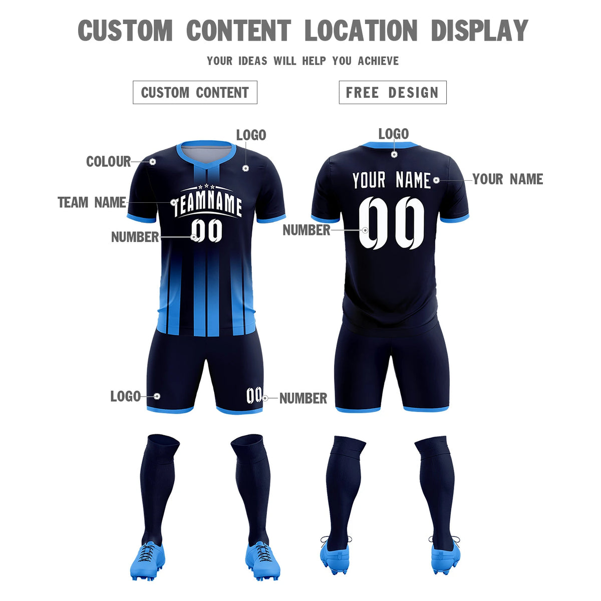 Custom Navy Powder Blue Vertical Training Uniform Soccer Sets Jersey
