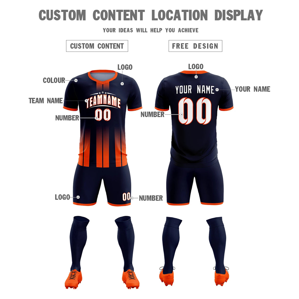 Custom Navy Orange Vertical Training Uniform Soccer Sets Jersey
