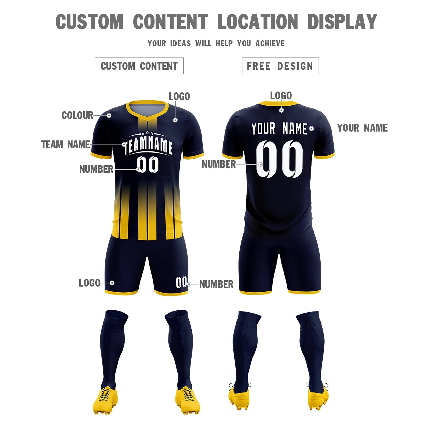 Custom Navy Gold01 Vertical Training Uniform Soccer Sets Jersey