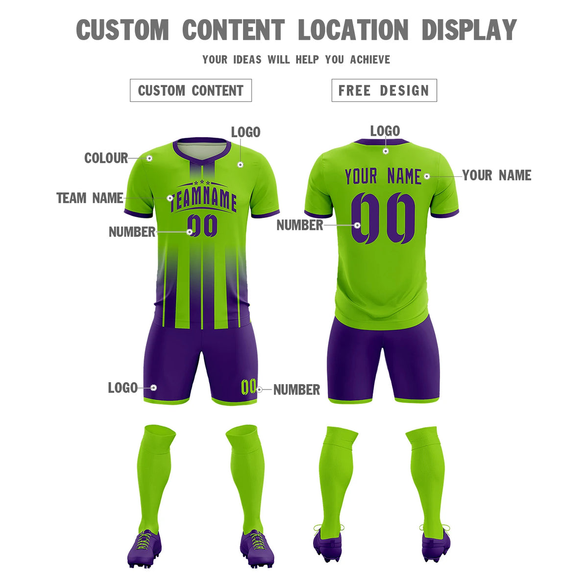Custom Neon Green Purple Vertical Training Uniform Soccer Sets Jersey