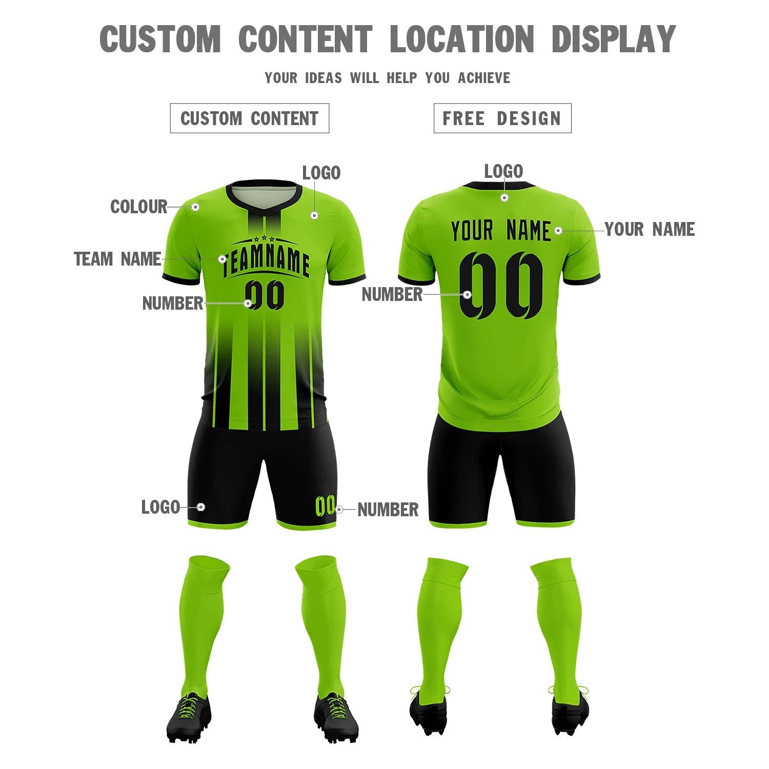 Custom Neon Green Black Vertical Training Uniform Soccer Sets Jersey