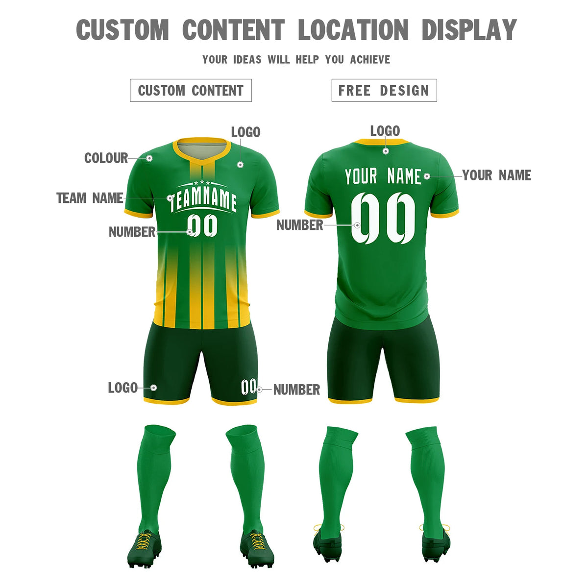 Custom Kelly Green Gold01 Vertical Training Uniform Soccer Sets Jersey