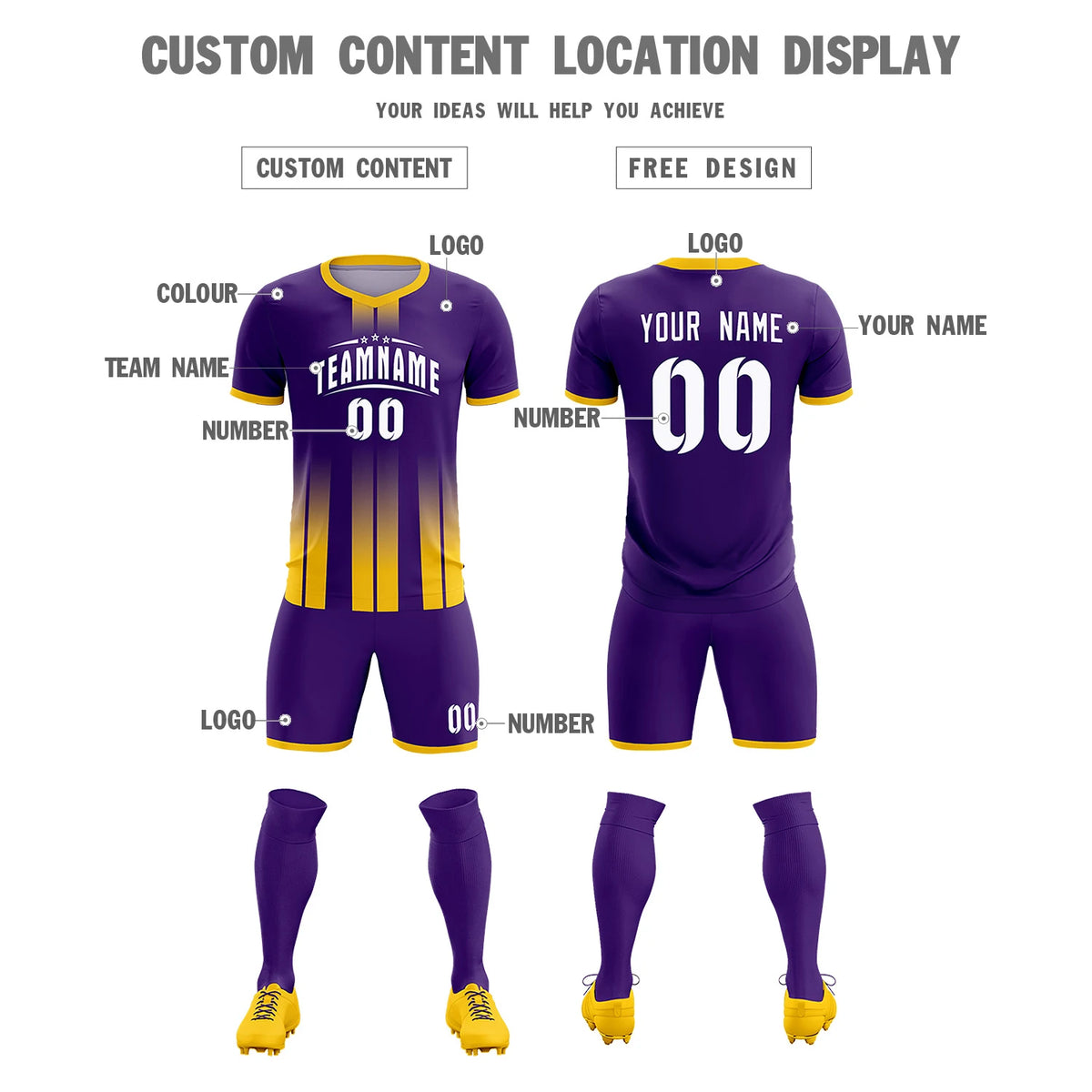 Custom Purple Gold01 Vertical Training Uniform Soccer Sets Jersey