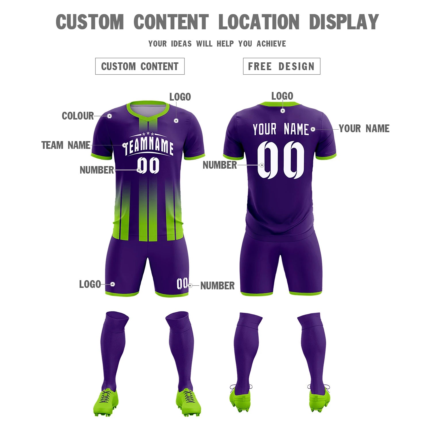 Custom Purple Neon Green Vertical Training Uniform Soccer Sets Jersey