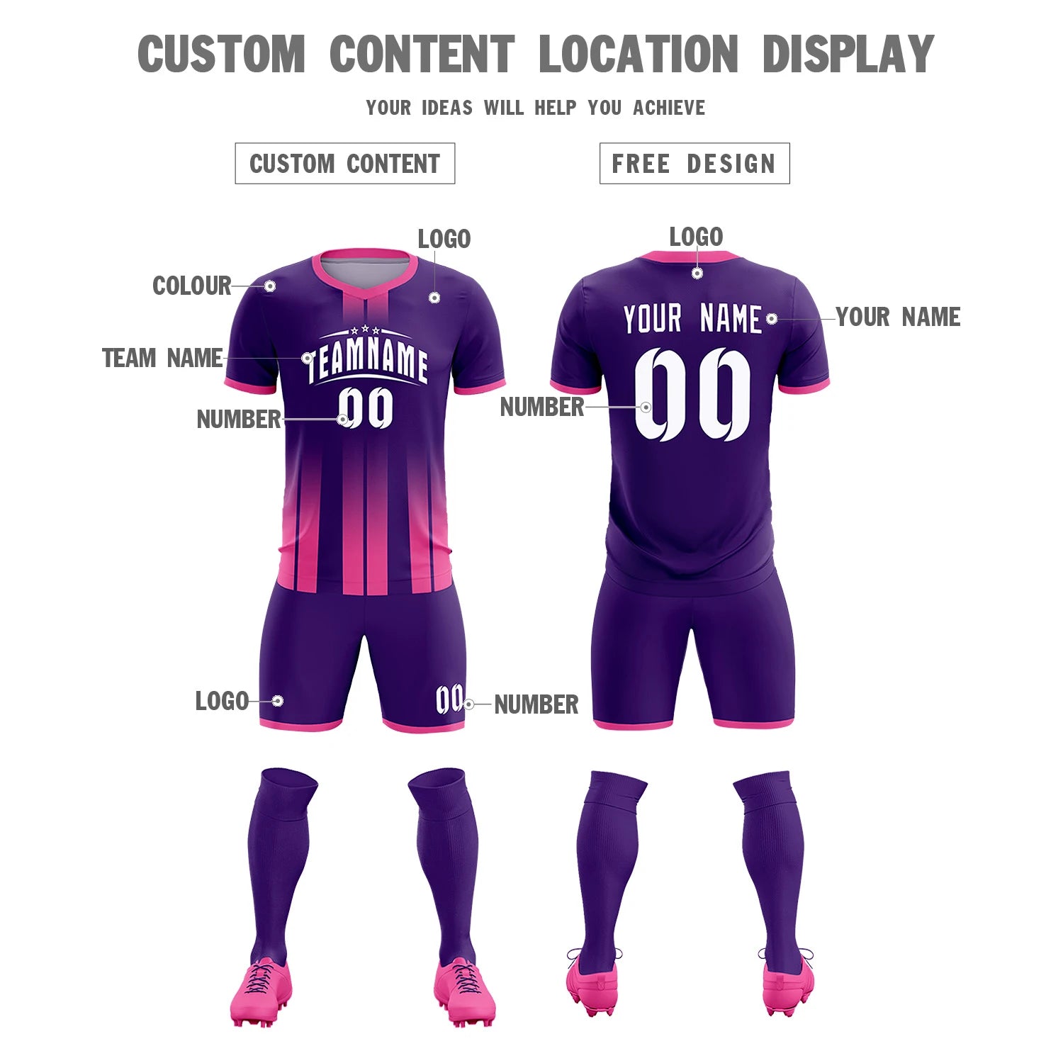 Custom Purple Pink Vertical Training Uniform Soccer Sets Jersey