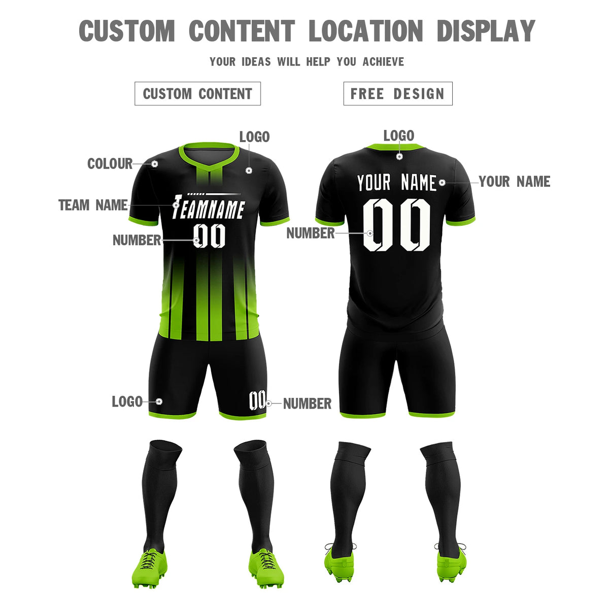 Custom Black Neon Green Vertical Training Uniform Soccer Sets Jersey