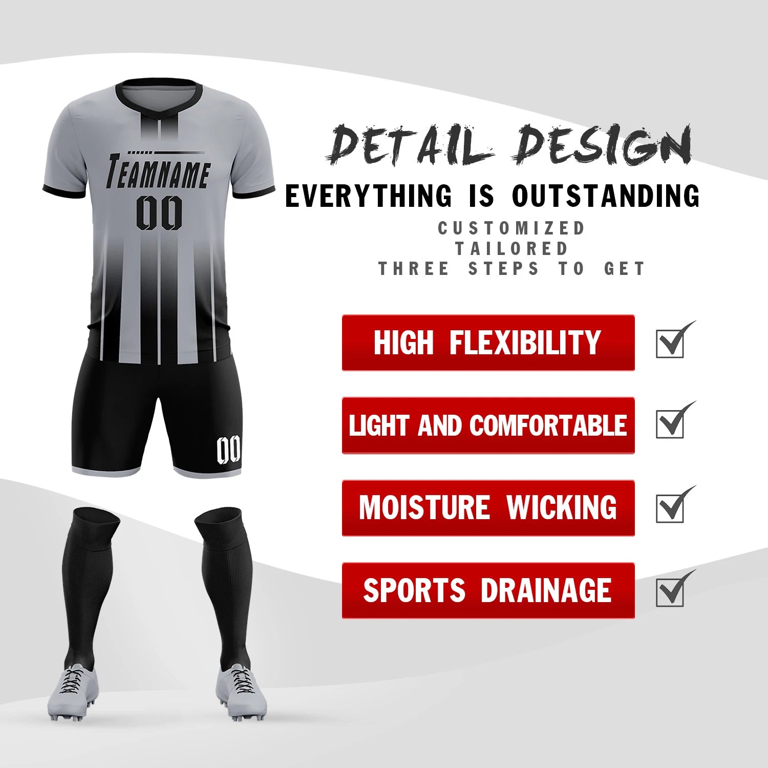 Custom Gray Black Vertical Training Uniform Soccer Sets Jersey