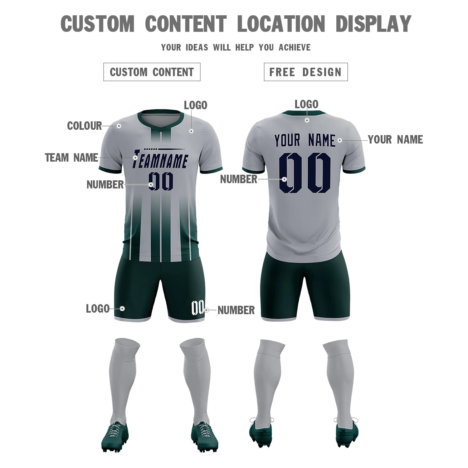 Custom Gray Midnight Green Vertical Training Uniform Soccer Sets Jersey