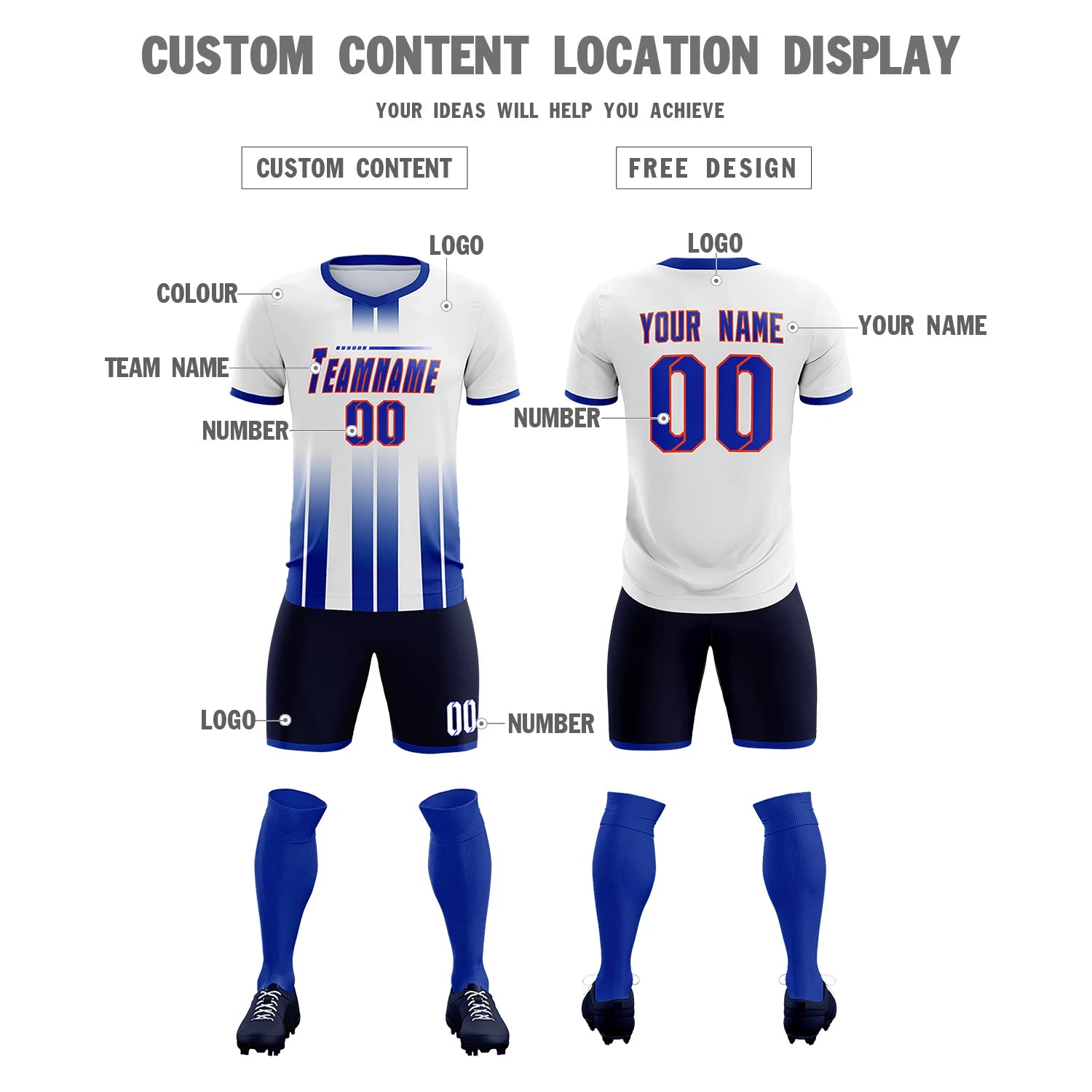 Custom White Royal Blue Vertical Training Uniform Soccer Sets Jersey