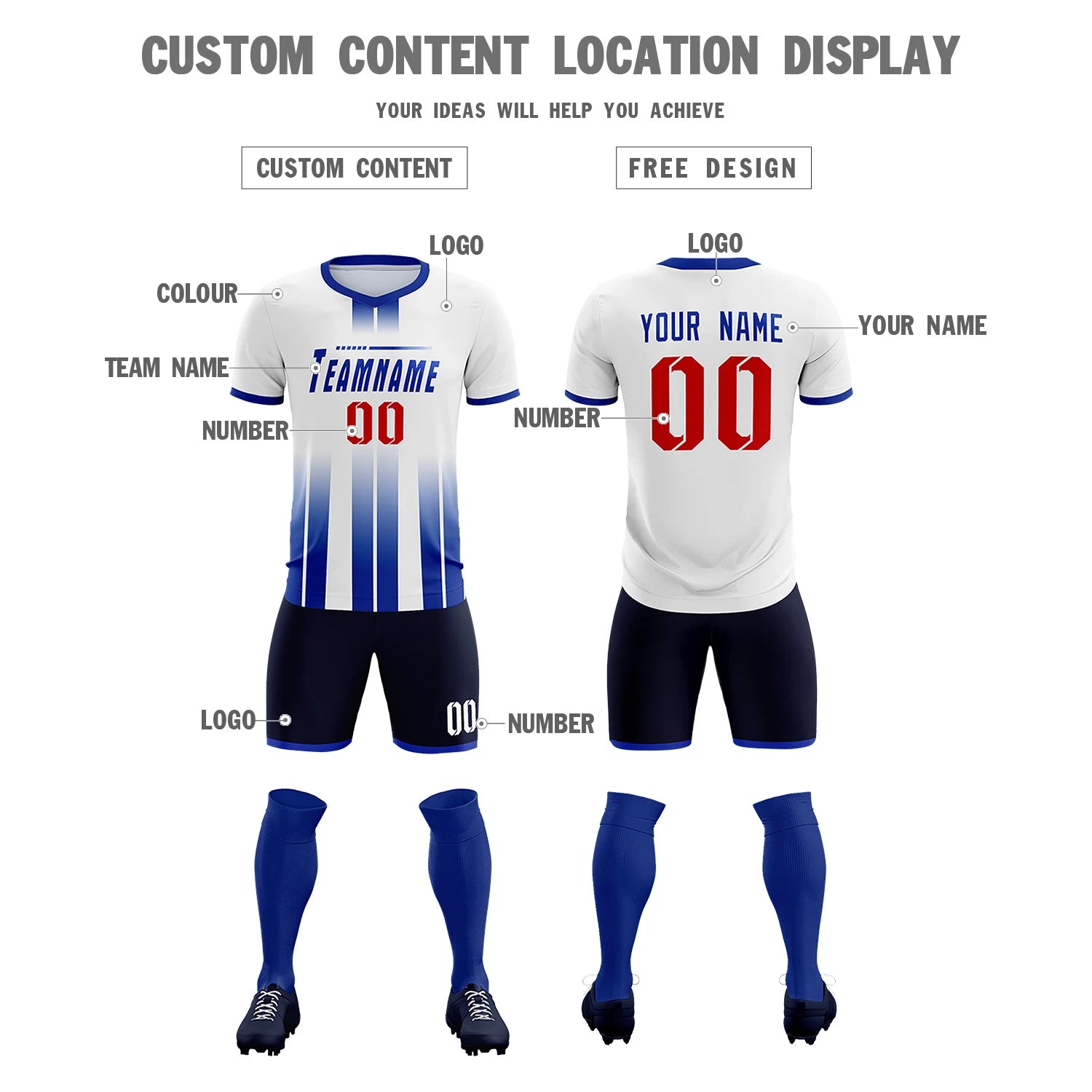 Custom White Royal Blue Vertical Training Uniform Soccer Sets Jersey