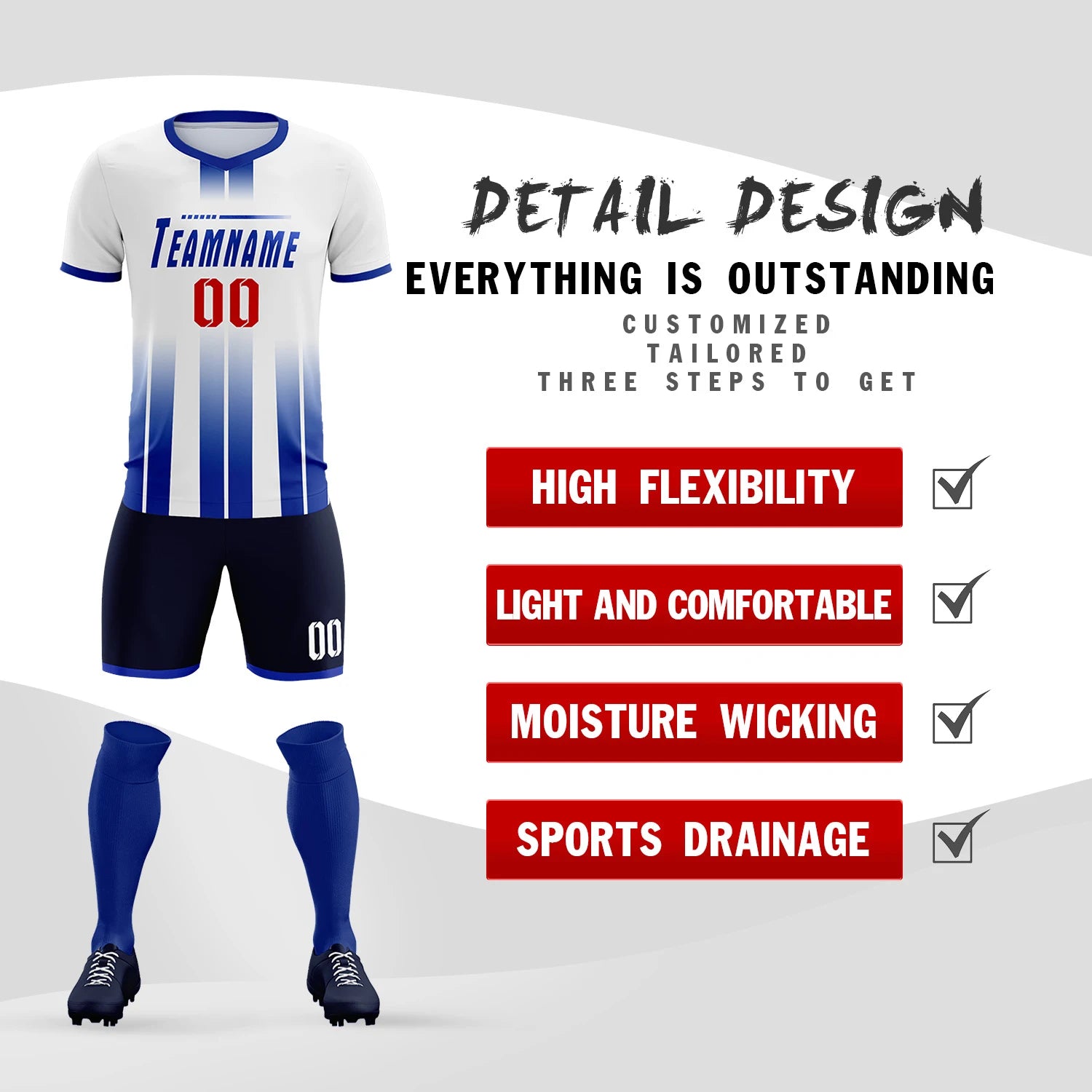 Custom White Royal Blue Vertical Training Uniform Soccer Sets Jersey