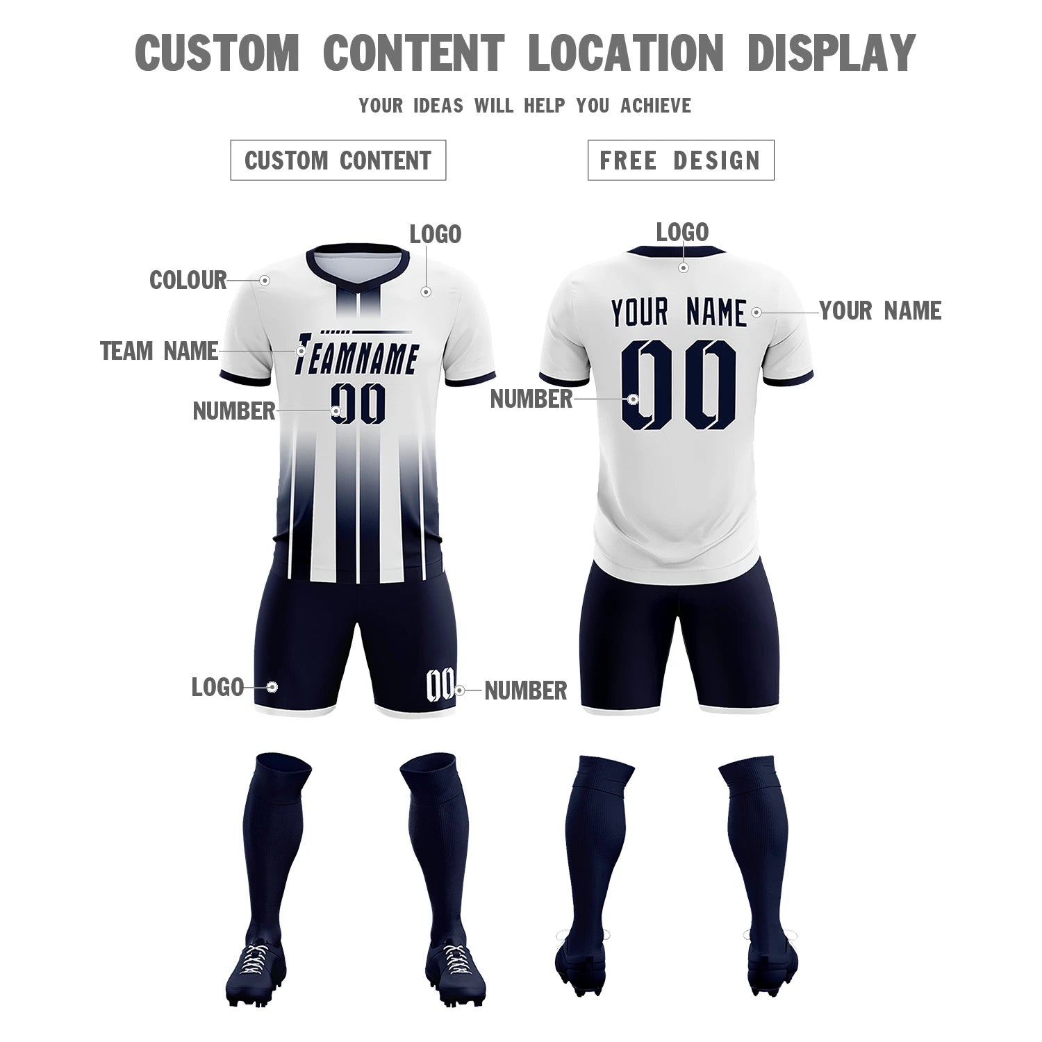 Custom White Navy Vertical Training Uniform Soccer Sets Jersey