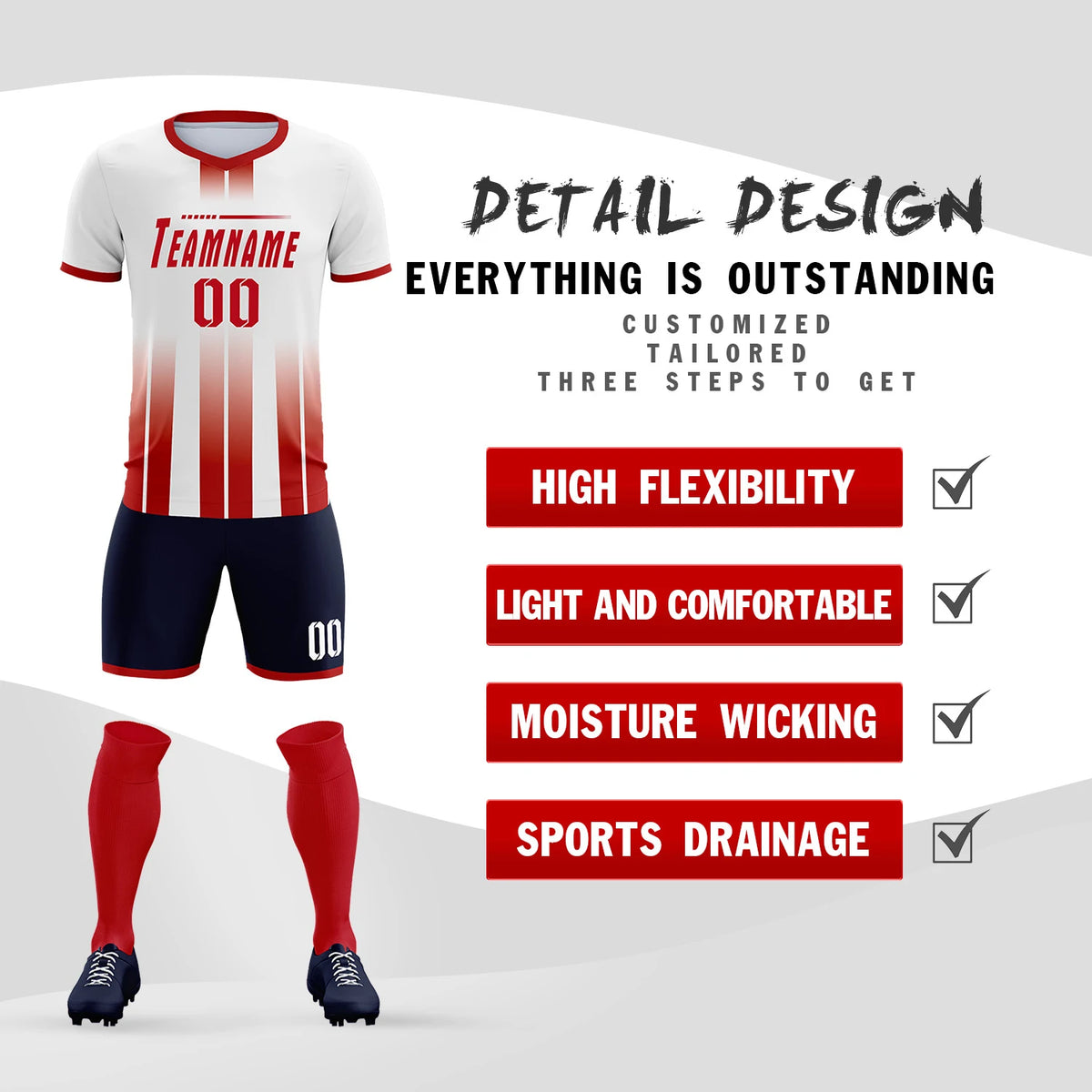 Custom White Red Vertical Training Uniform Soccer Sets Jersey