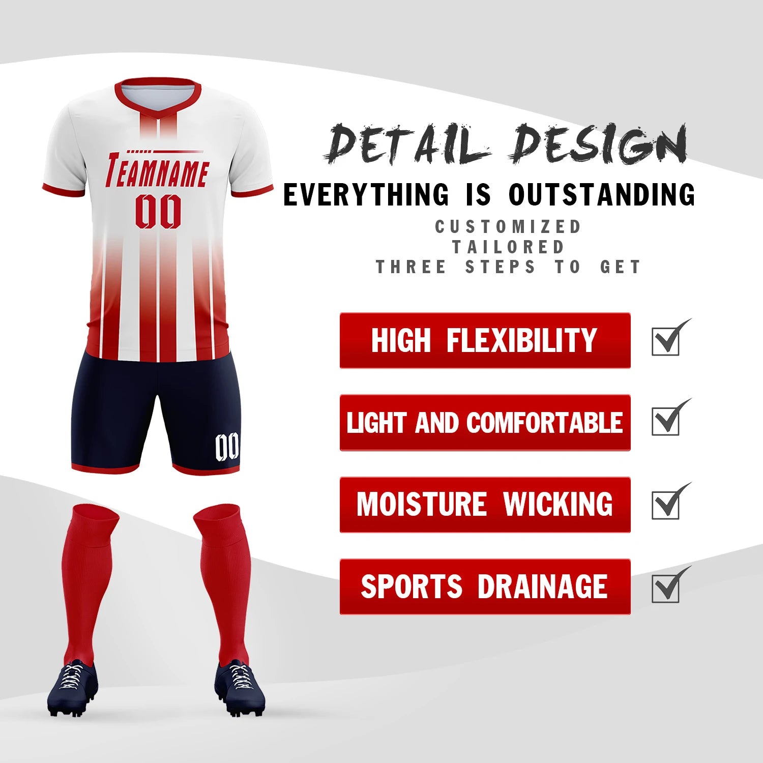 Custom White Red Vertical Training Uniform Soccer Sets Jersey
