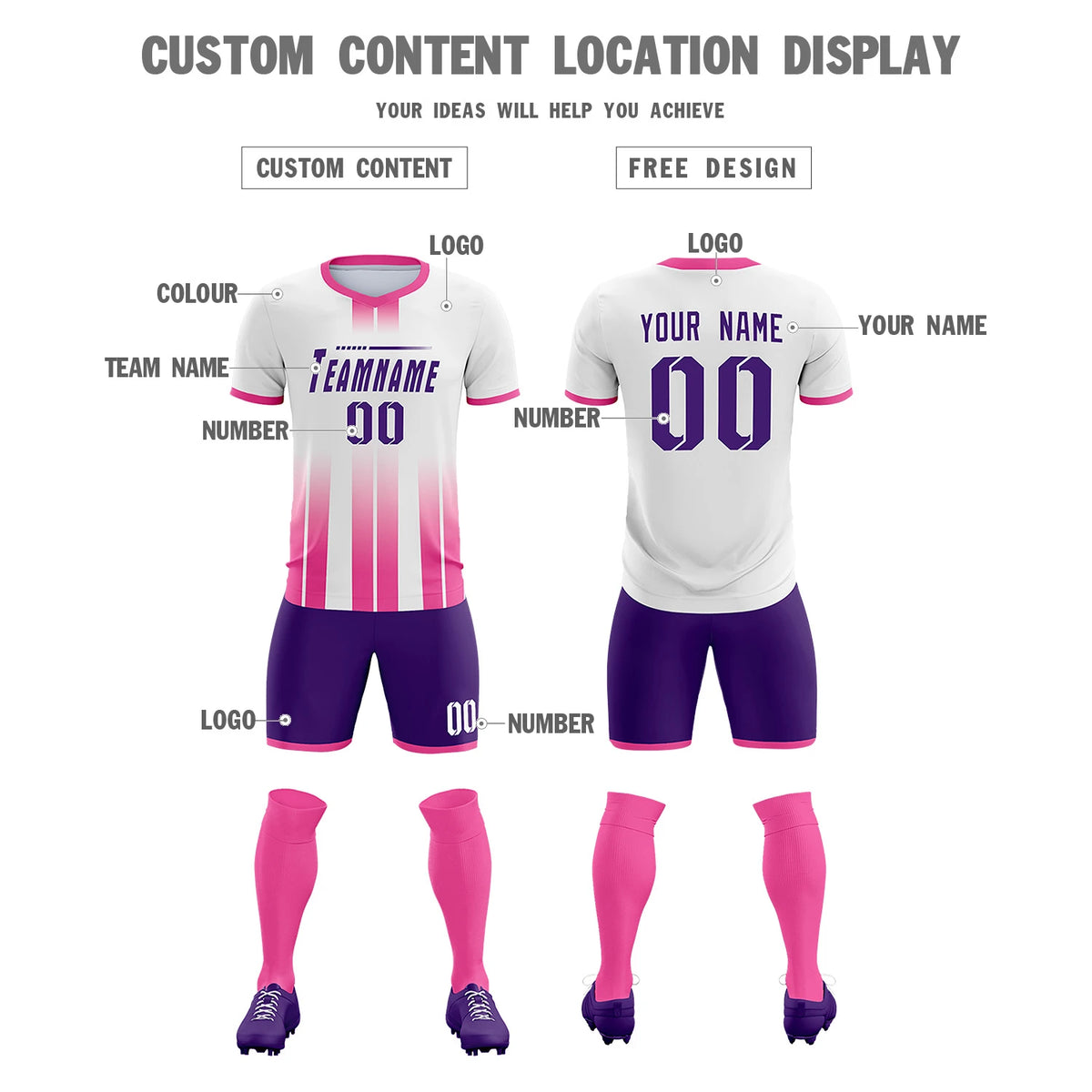 Custom White Pink Vertical Training Uniform Soccer Sets Jersey