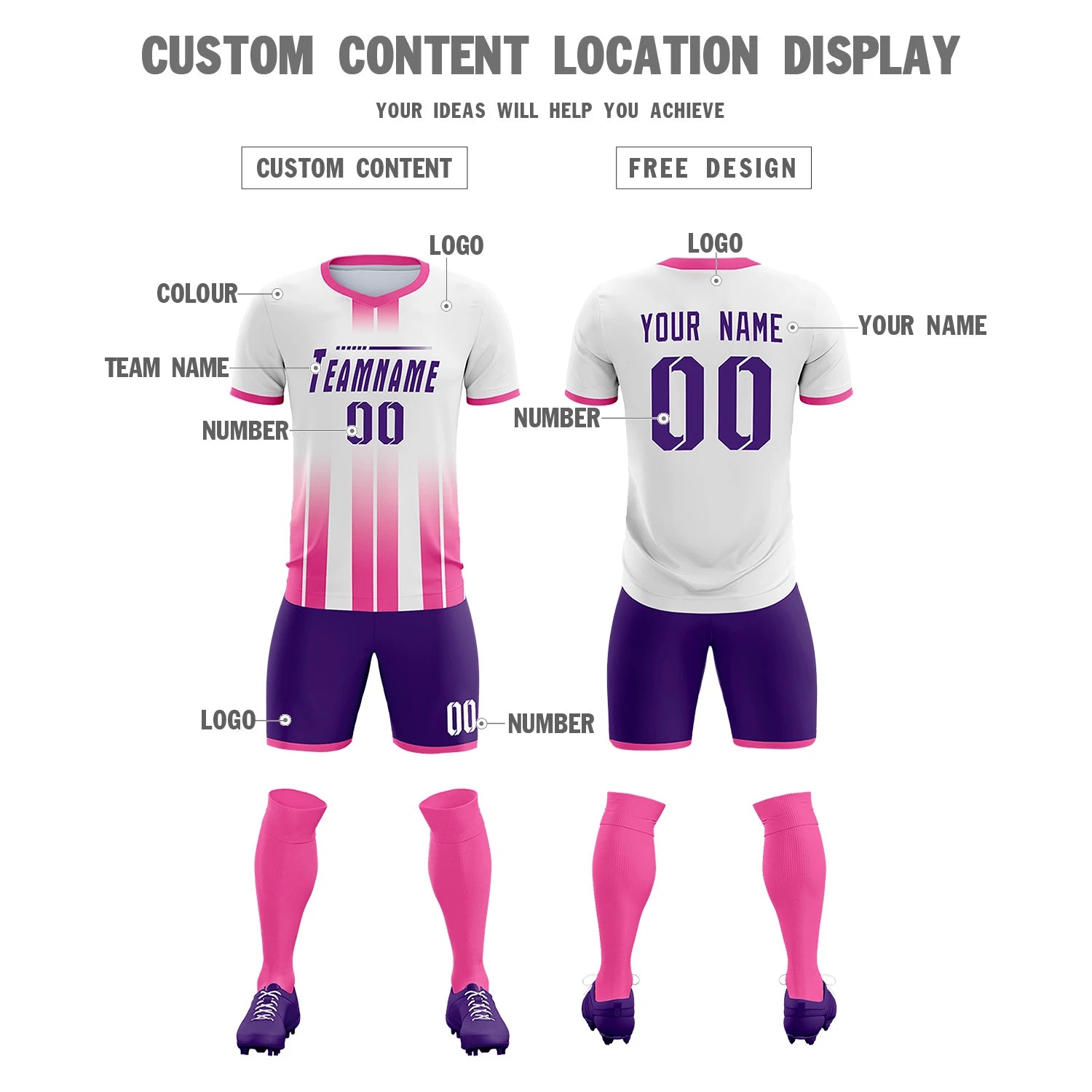 Custom White Pink Vertical Training Uniform Soccer Sets Jersey