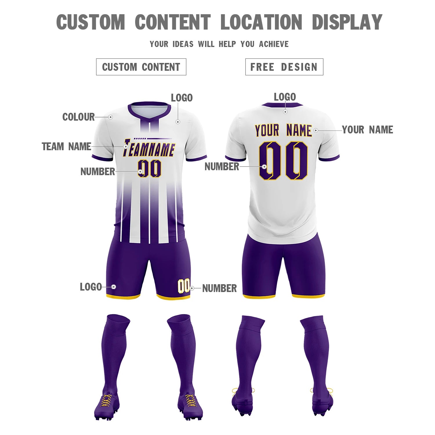 Custom White Purple Vertical Training Uniform Soccer Sets Jersey
