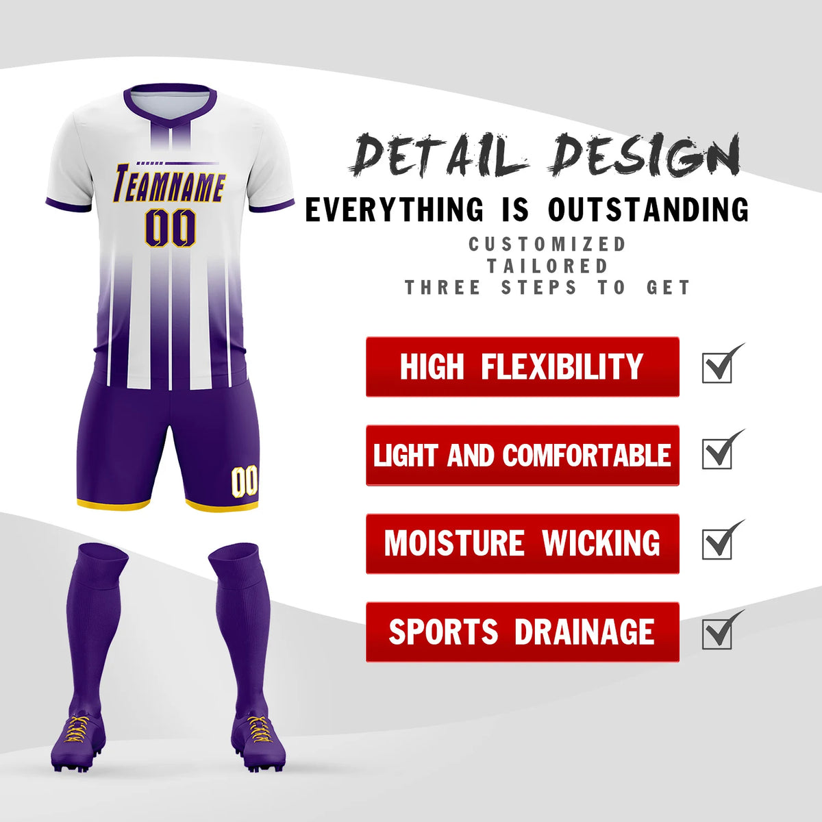 Custom White Purple Vertical Training Uniform Soccer Sets Jersey