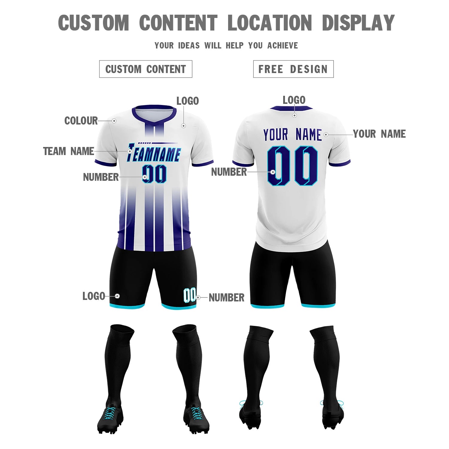 Custom White Purple Vertical Training Uniform Soccer Sets Jersey