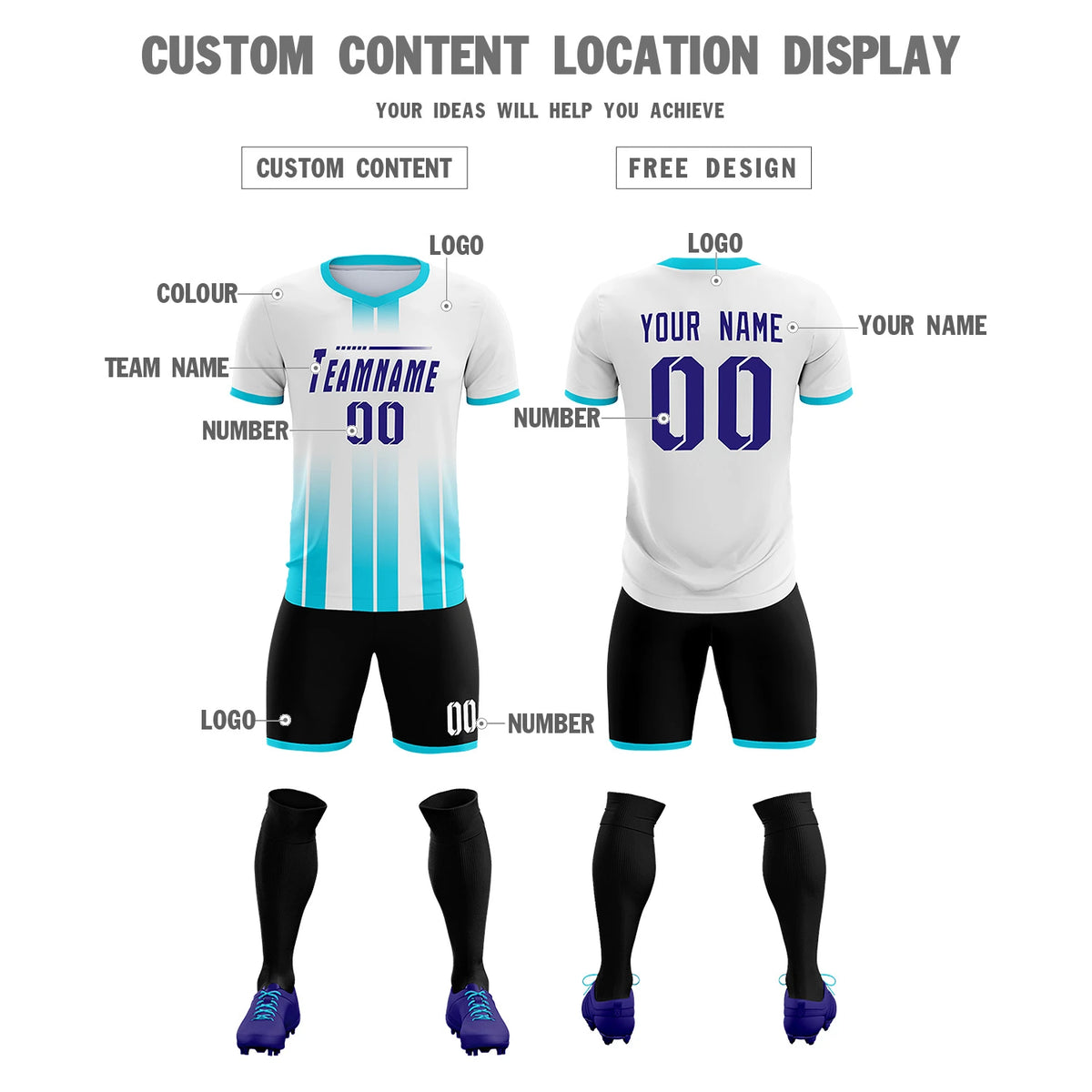 Custom White Sky Blue Vertical Training Uniform Soccer Sets Jersey