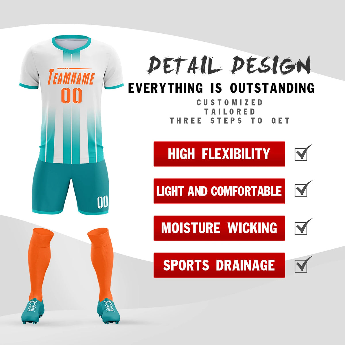 Custom White Bright Blue Vertical Training Uniform Soccer Sets Jersey