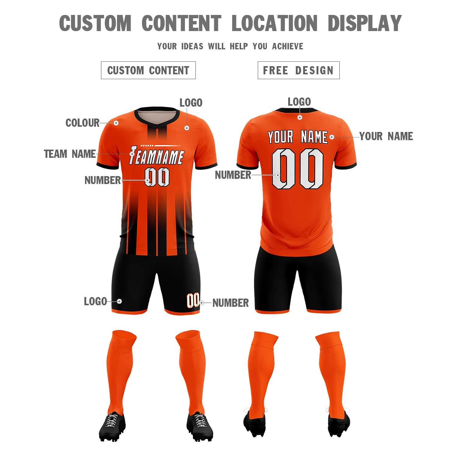 Custom Orange Black Vertical Training Uniform Soccer Sets Jersey