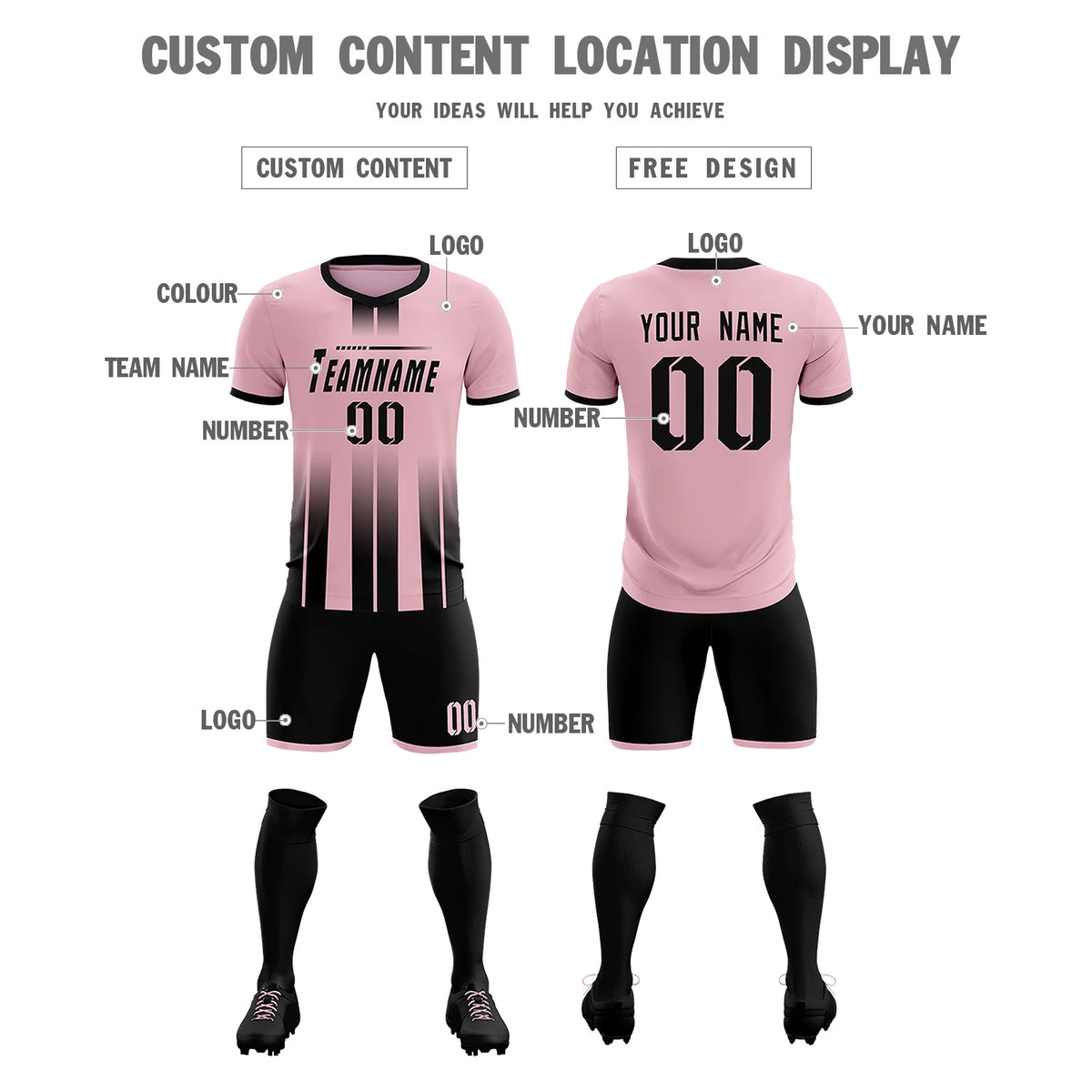 Custom Light Pink Black Vertical Training Uniform Soccer Sets Jersey