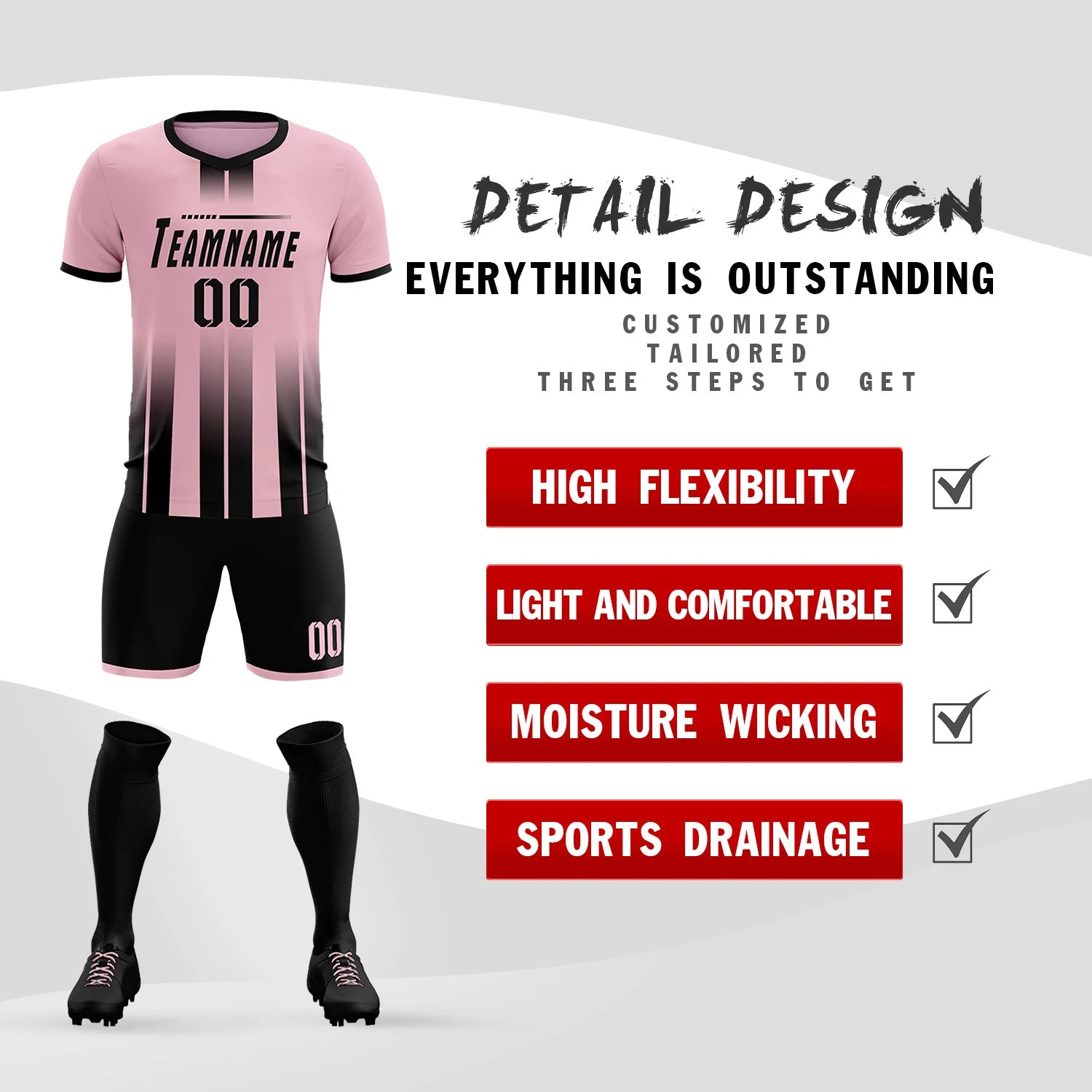 Custom Light Pink Black Vertical Training Uniform Soccer Sets Jersey