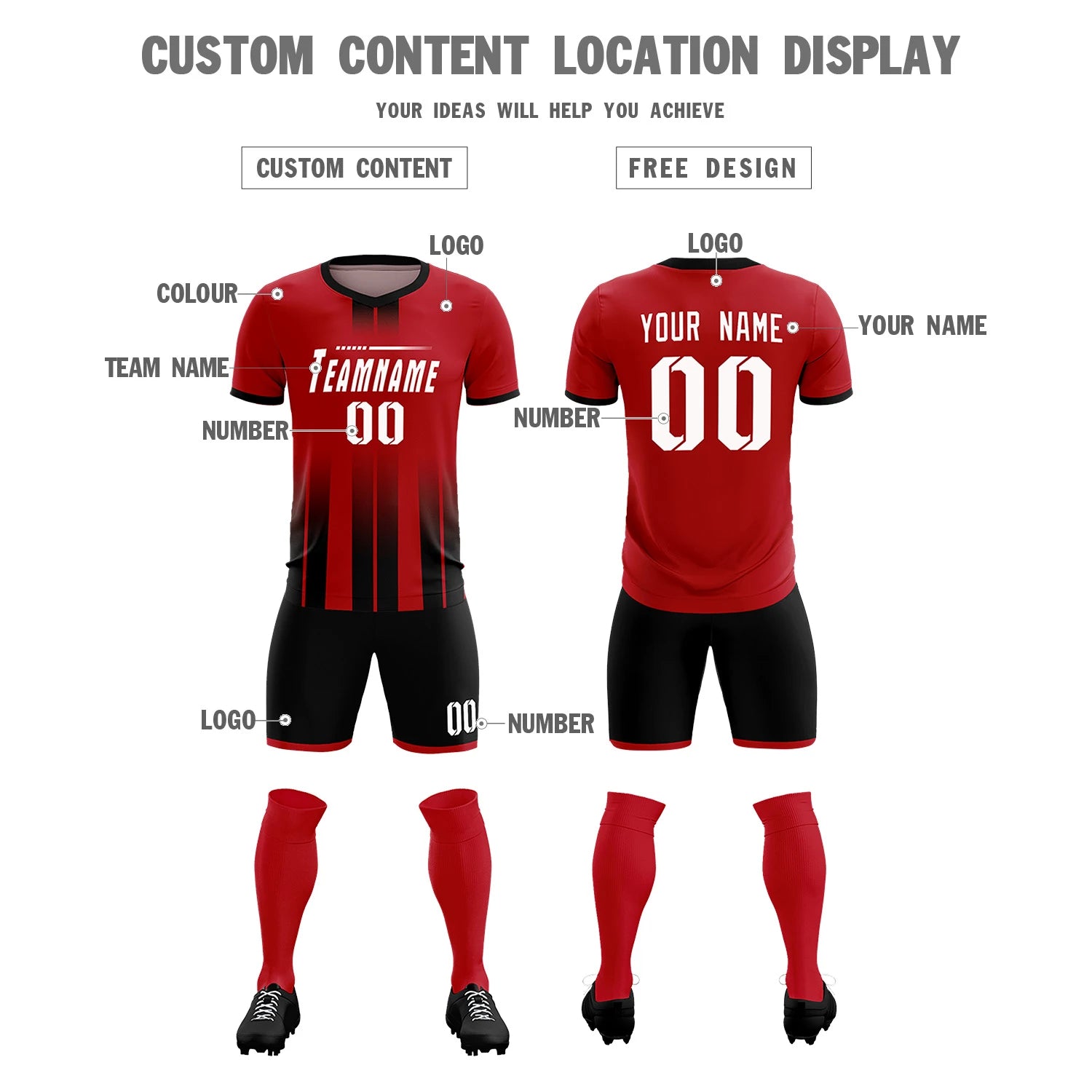 Custom Red Black Vertical Training Uniform Soccer Sets Jersey