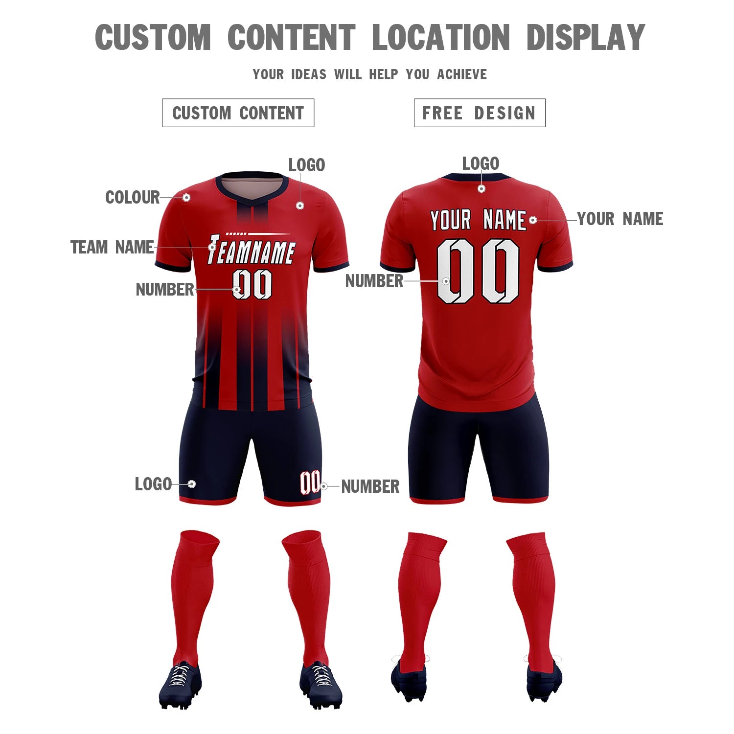 Custom Red Navy Vertical Training Uniform Soccer Sets Jersey