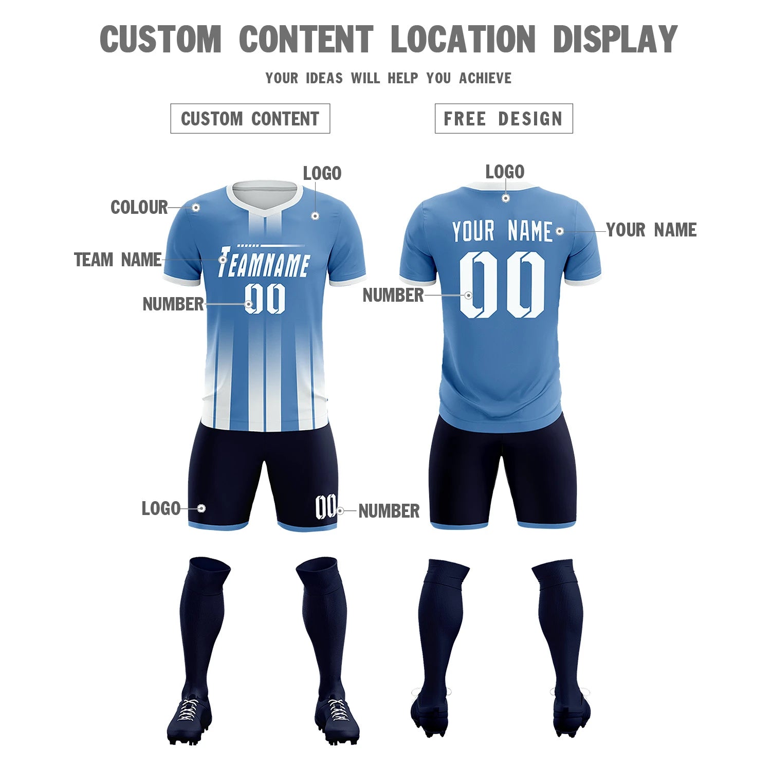 Custom Light Blue White Vertical Training Uniform Soccer Sets Jersey