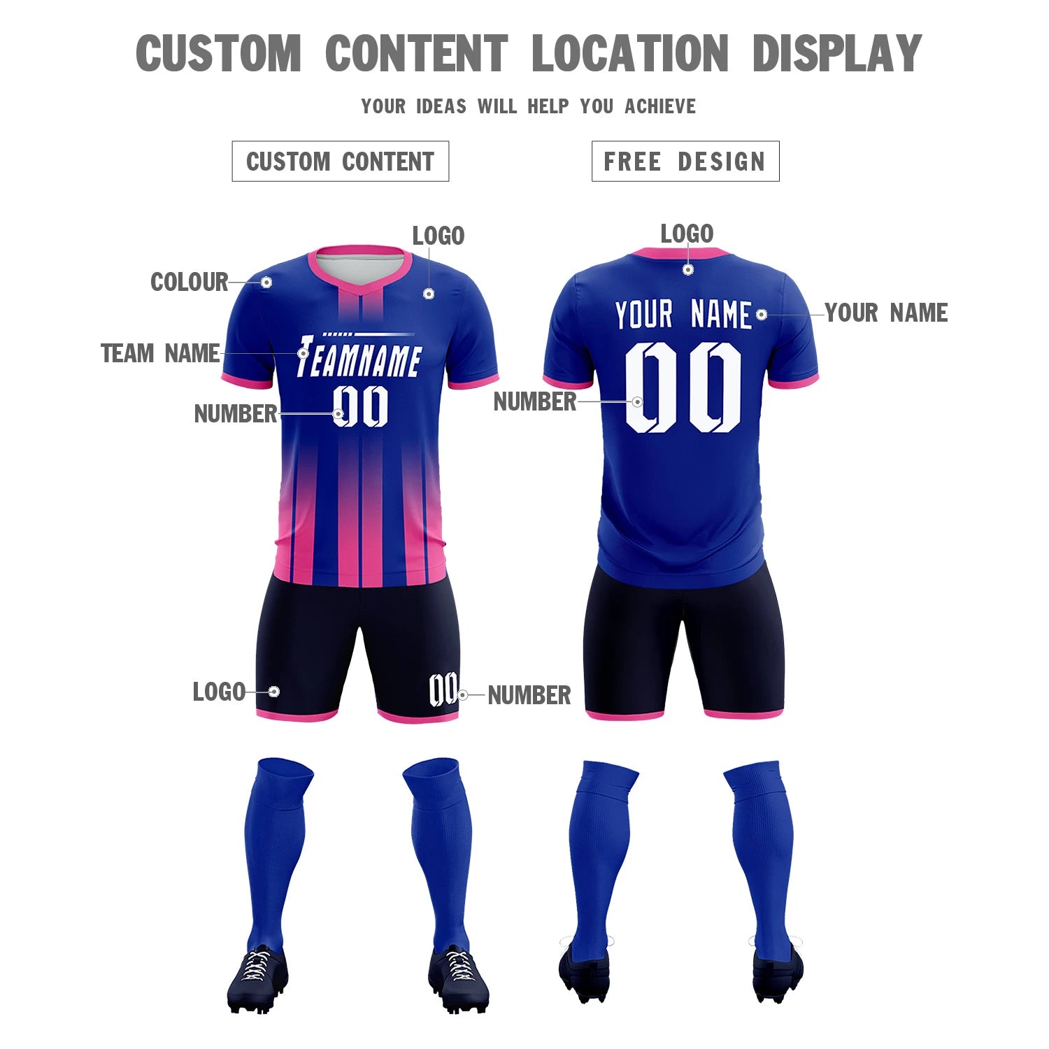 Custom Royal Blue Pink Vertical Training Uniform Soccer Sets Jersey