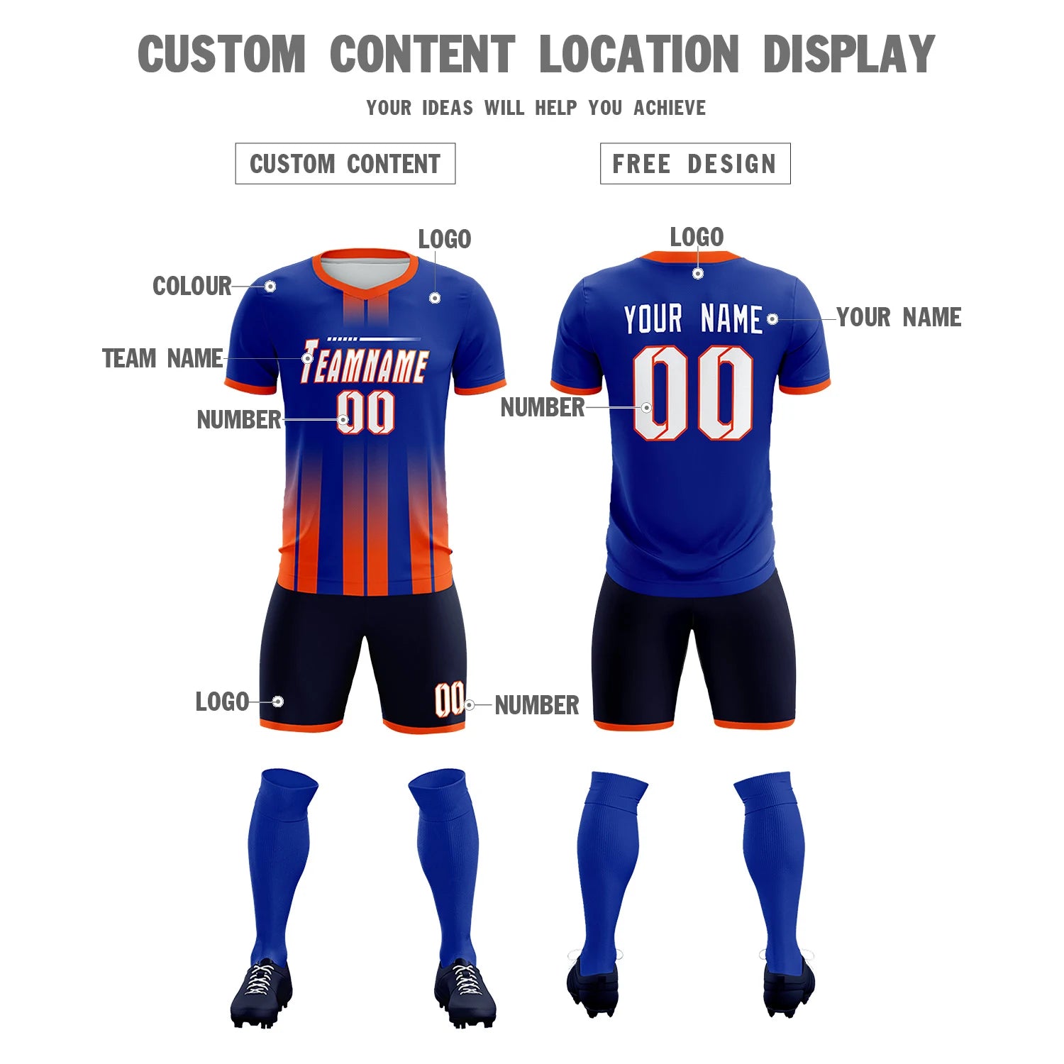 Custom Royal Blue Orange Vertical Training Uniform Soccer Sets Jersey