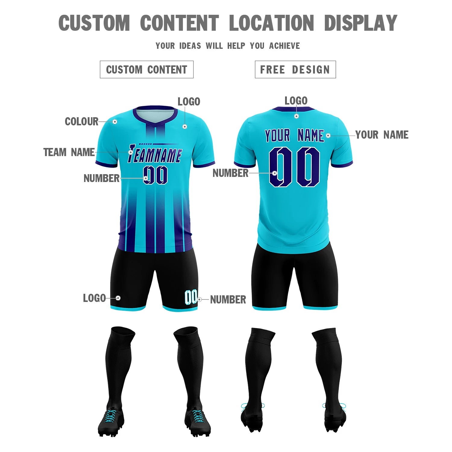 Custom Sky Blue Purple Vertical Training Uniform Soccer Sets Jersey