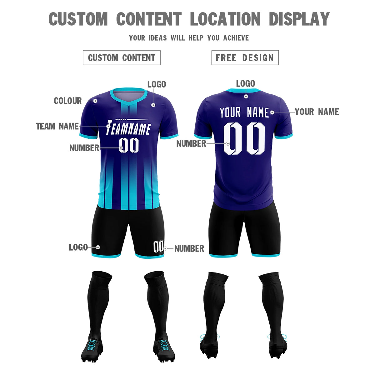 Custom Purple Sky Blue Vertical Training Uniform Soccer Sets Jersey