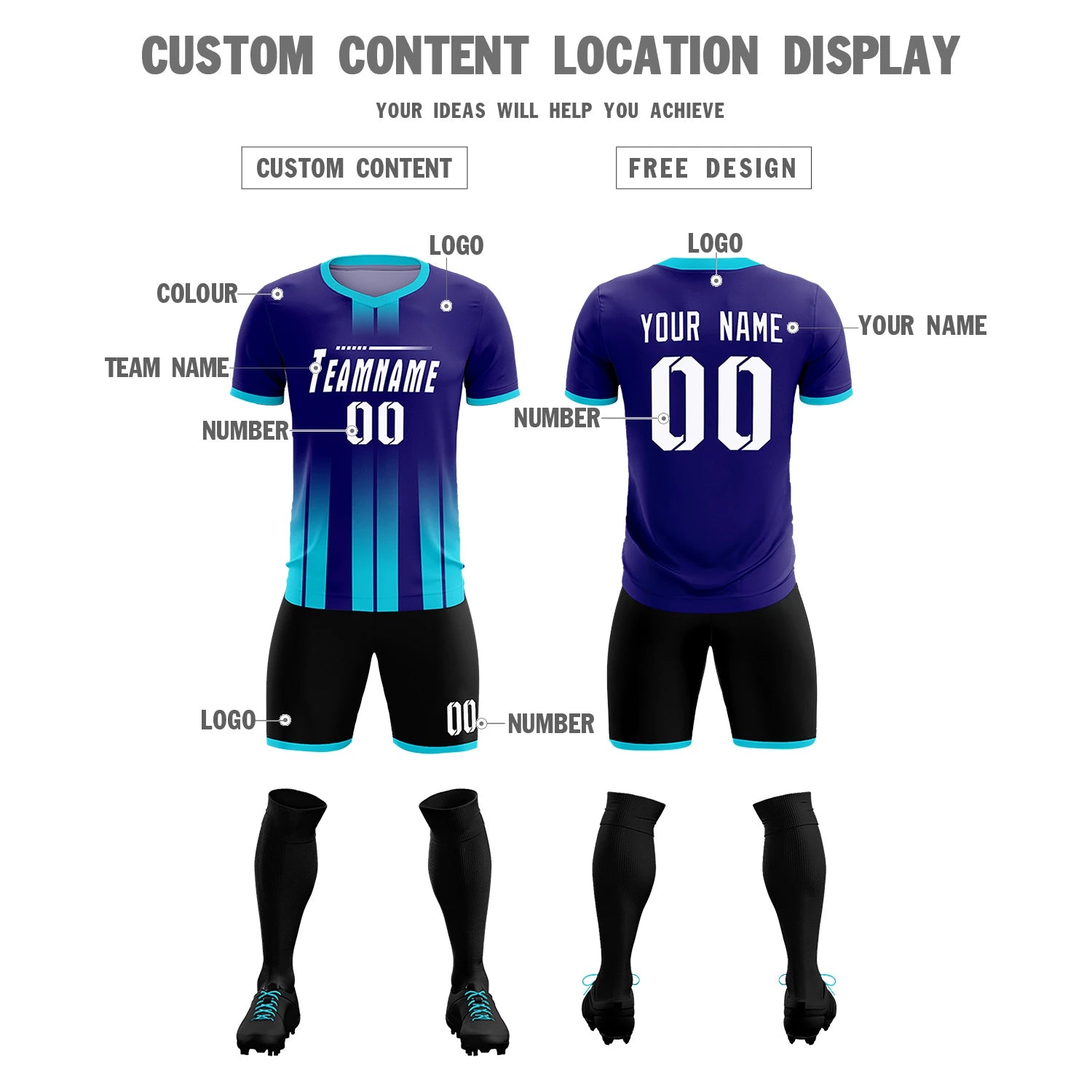 Custom Purple Sky Blue Vertical Training Uniform Soccer Sets Jersey