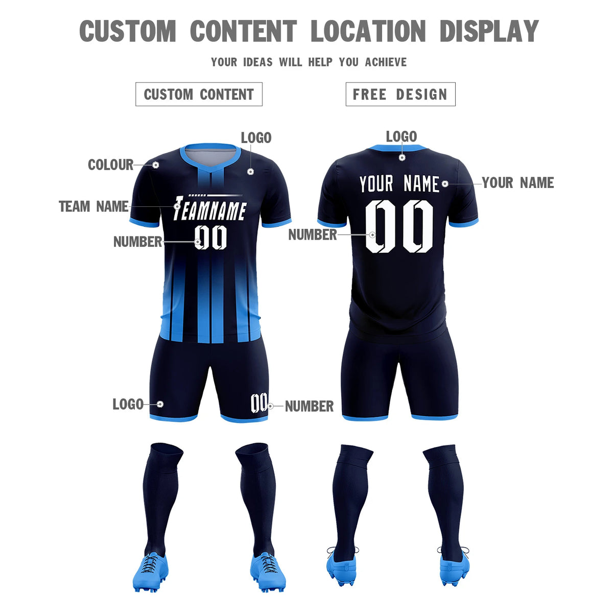Custom Navy Powder Blue Vertical Training Uniform Soccer Sets Jersey