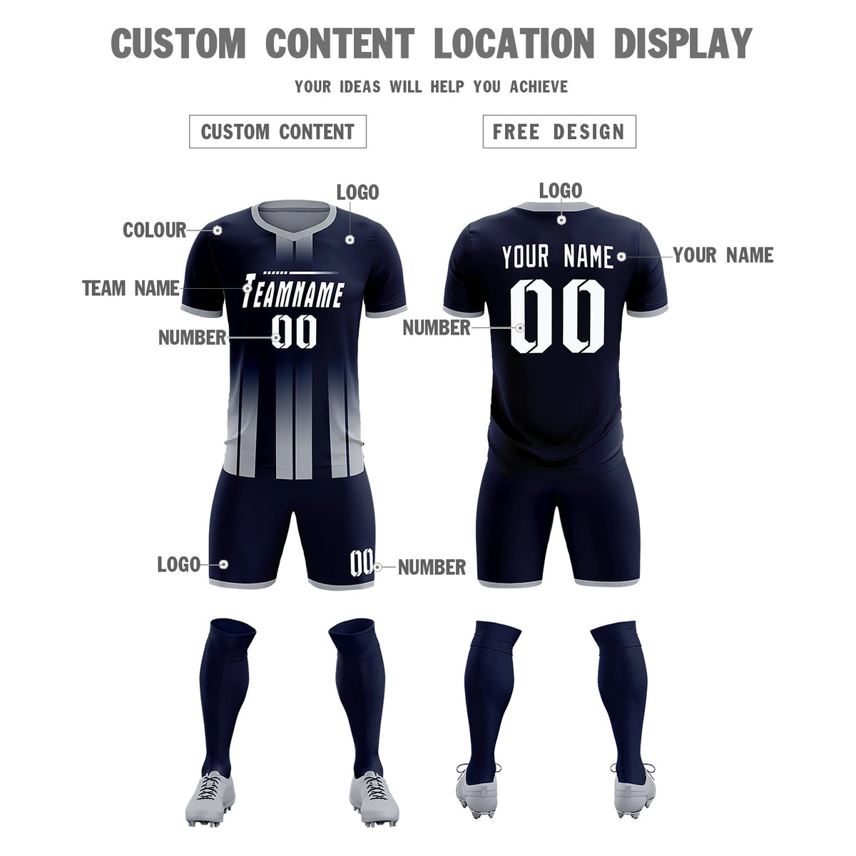 Custom Navy Gray Vertical Training Uniform Soccer Sets Jersey