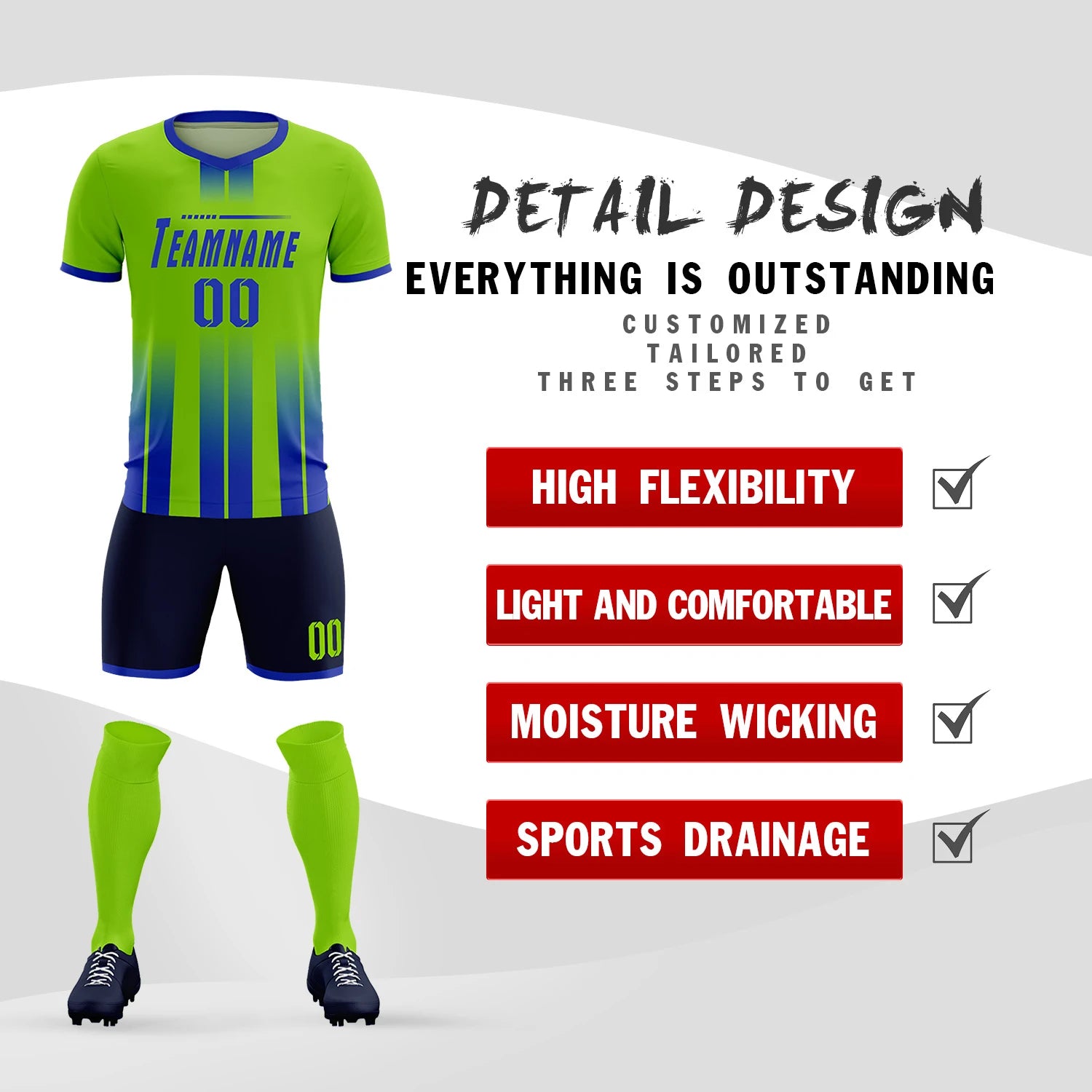 Custom Neon Green Royal Blue Vertical Training Uniform Soccer Sets Jersey
